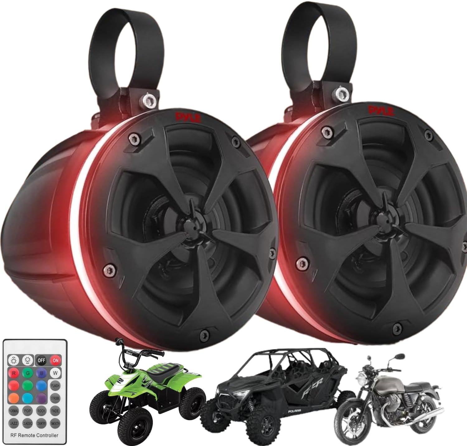 2-Way Dual Waterproof Off-Road Speakers - 4" 800W Marine Grade Wakeboard Tower Speakers System w/RGB Lights & Remote, Full Range Outdoor Audio Stereo Speaker for ATV/UTV, Jeep, Boat - Pyle PLUTV44BTR