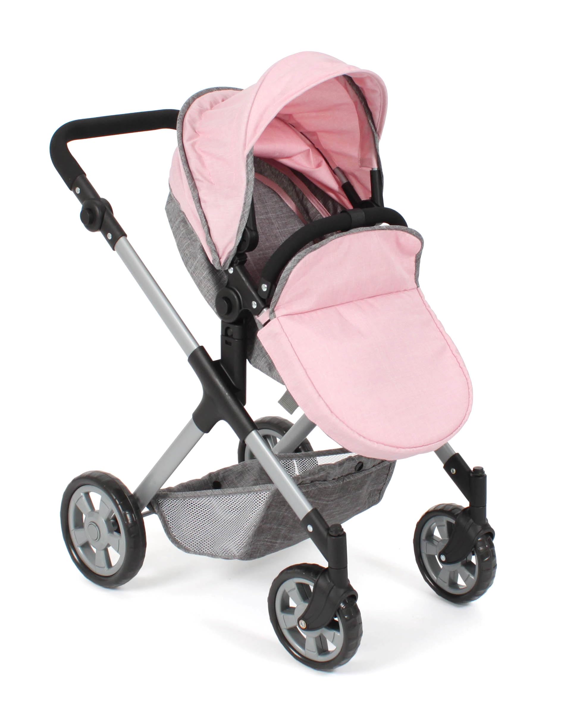 Bayer Chic 2000 Cochecito de muñecas Mila 2 en 1, Color Gris y Rosa, Mango Regulable en Altura de 39 a 72 cm, Estructura Moderna, muñecas de hasta 50 cm, 3-7 años