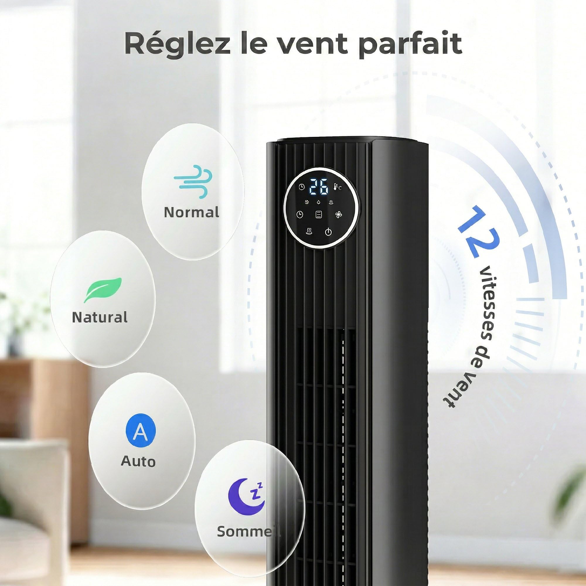 HOMCOM Ventilateur colonne silencieux 28dB, vitesse 8m/s, ventilateur tour pour chambre, 90,5cm de haut, moteur BLDC, oscillant 80°, écran LED, télécommande, 12 vitesses, 4 modes, minuterie 12H, noir