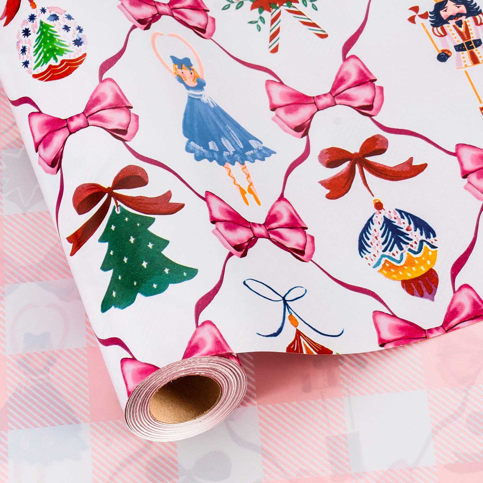 MAYPLUSS Christmas Wrapping Paper Roll - 17IN X 33FT - White Nutcracker Wrap Paper Featuring Christmas Tree Bell Bow Holly Candy Cane Reversible Plaid for Girl, Holiday, New Year โ image 1