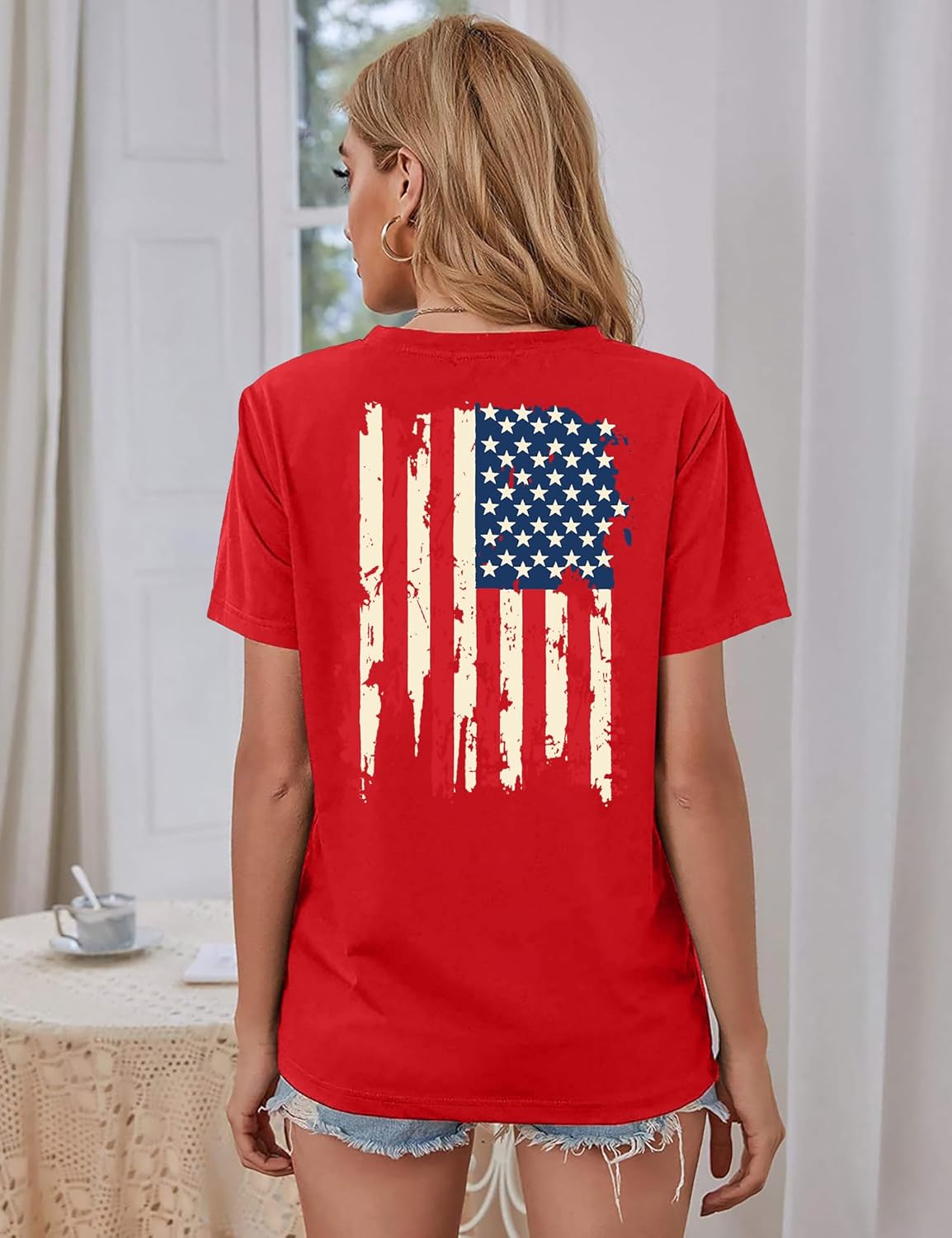 American Flag Shirt Women: Patriotic Shirt USA Flag Stars Stripes Print Short Sleeve T-Shirt 4th of July Tee Tops - Image 6