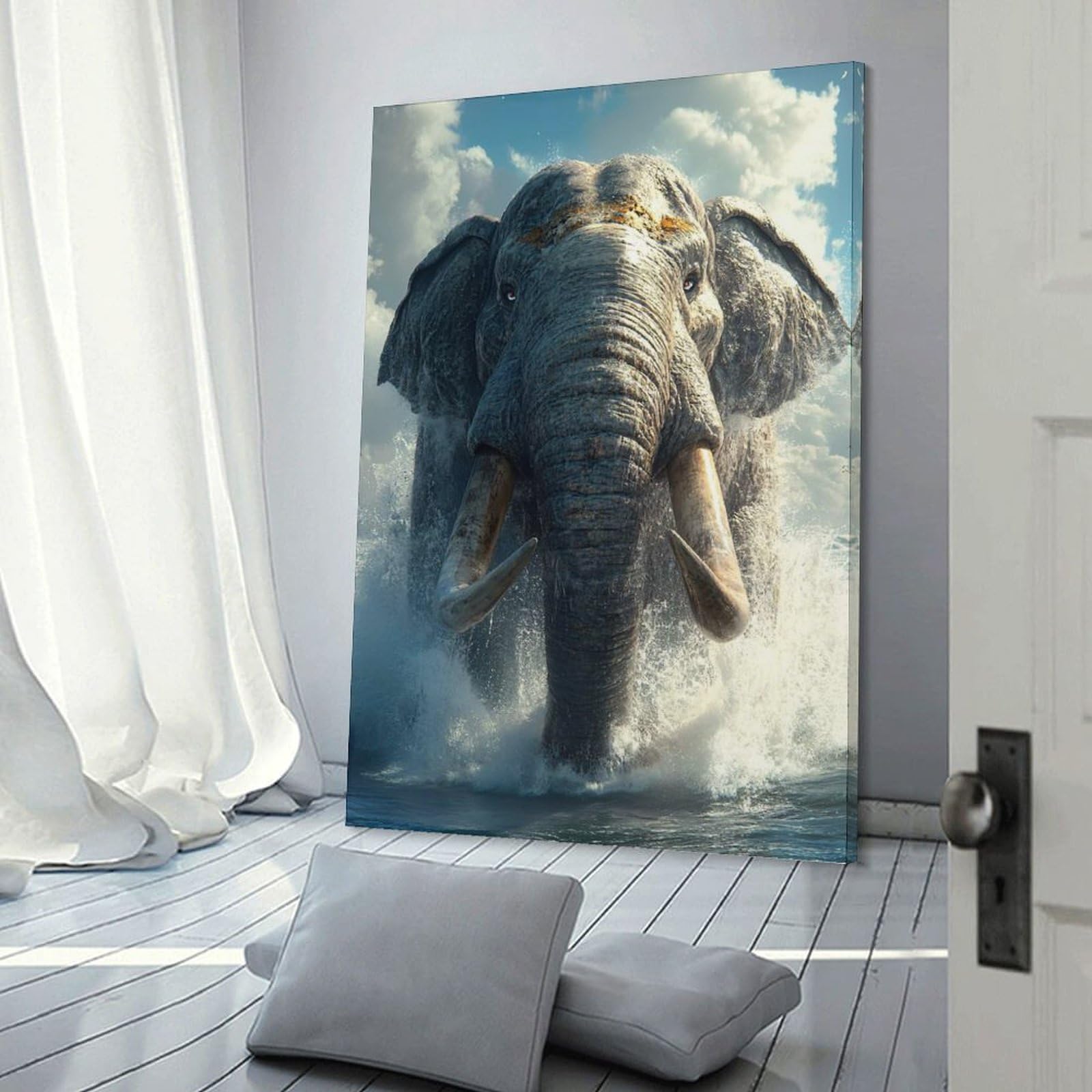 Junmoney Frame-Style-21 Wall Decor Canvas Print Elephant Emerging From The Ocean, 08X12inch(20X30cm), For Study, Office Or Focused Interiors, Wall Art That Adds Style To Work Areas