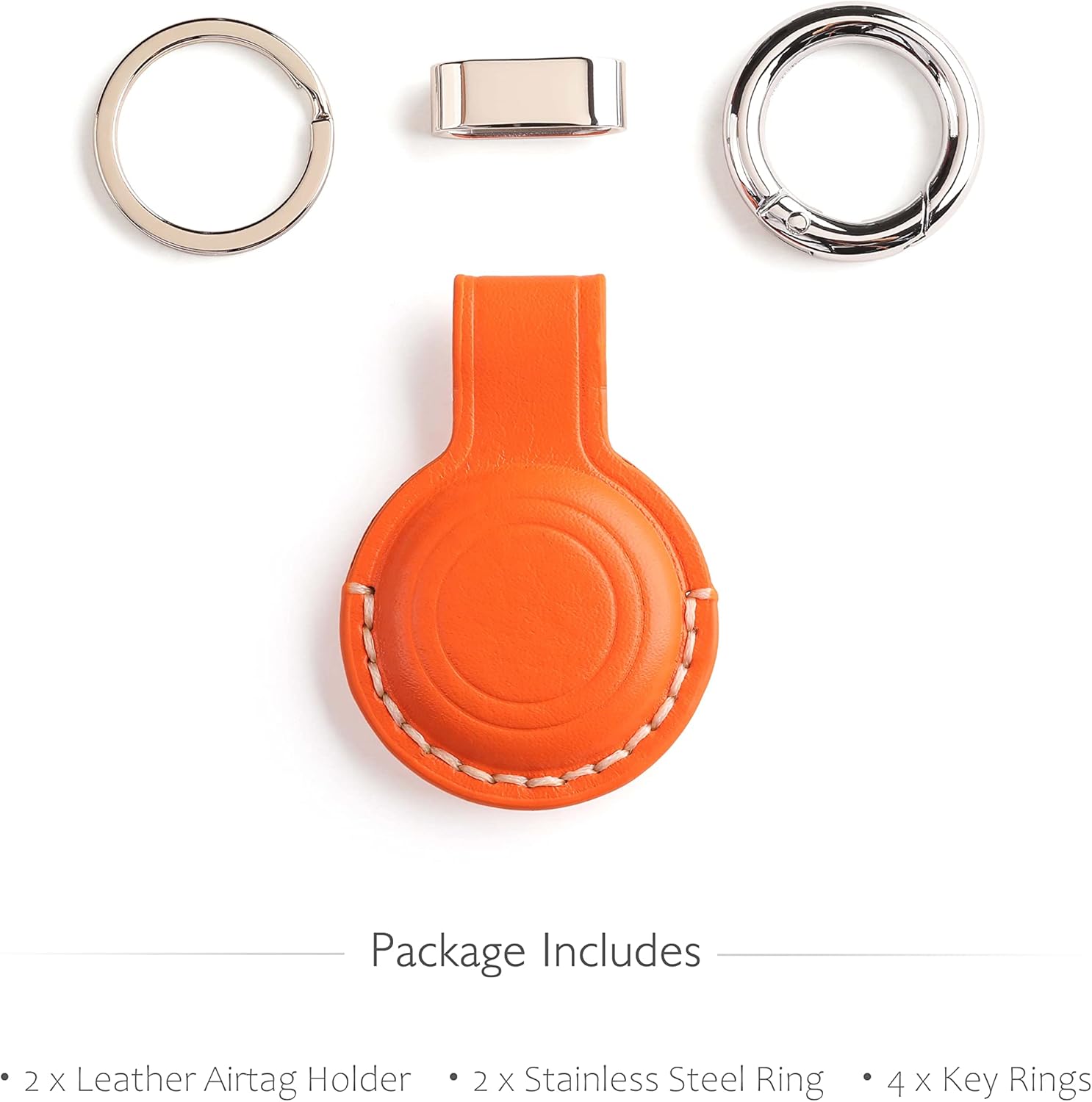 2 Pack LQU Genuine Leather Keychain Holder Compatible with Airtag, Secure Air Tag Keychain Holder Case Cover Key Chain Ring Accessories for Air Tag - Orange V2.0