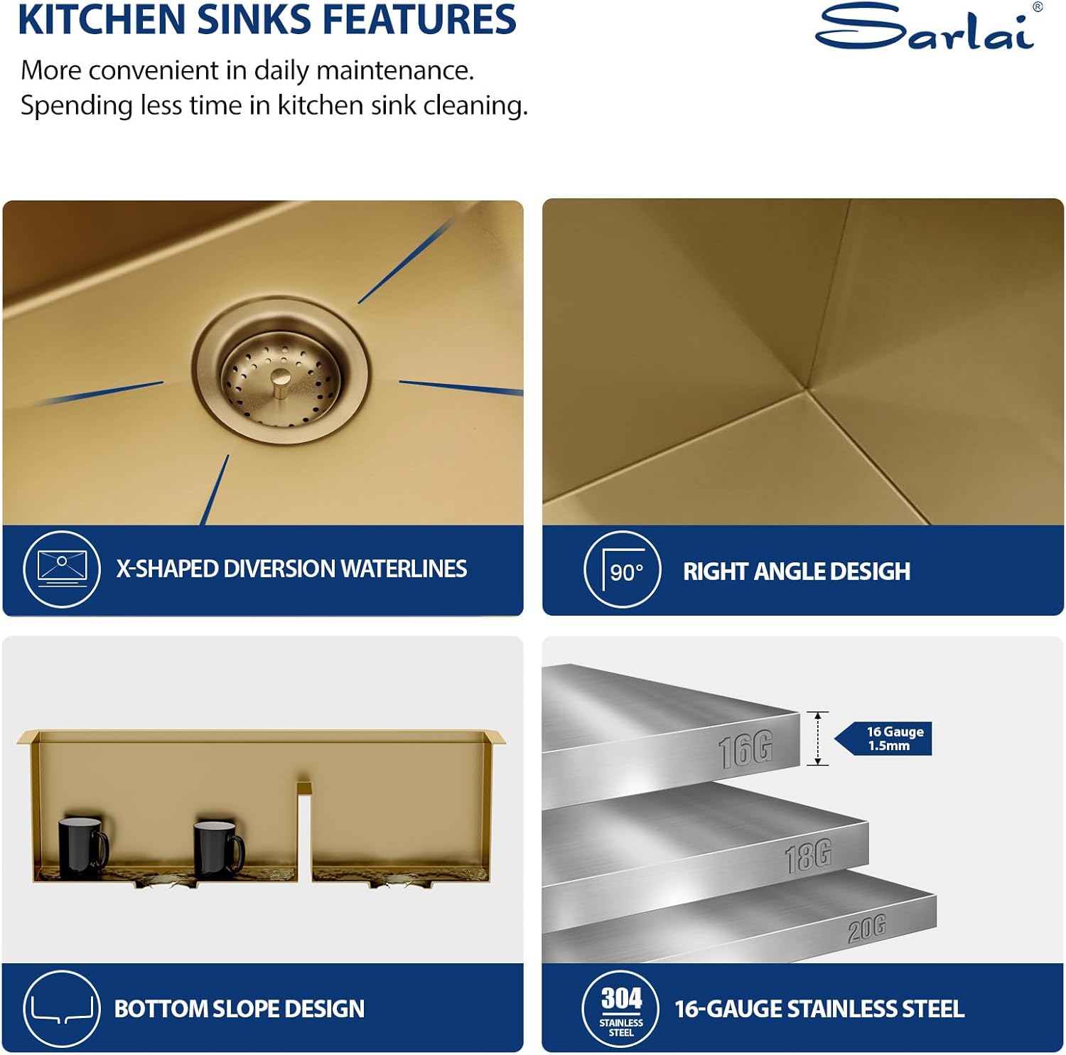 Sarlai 33 Inch Gold Undermount Kitchen Sink Double Bowl 33 x 19 Inch Low Divided Gold Workstation Double Kitchen Sink Stainless Steel 16 Gauge 60/40 Sinks Basin