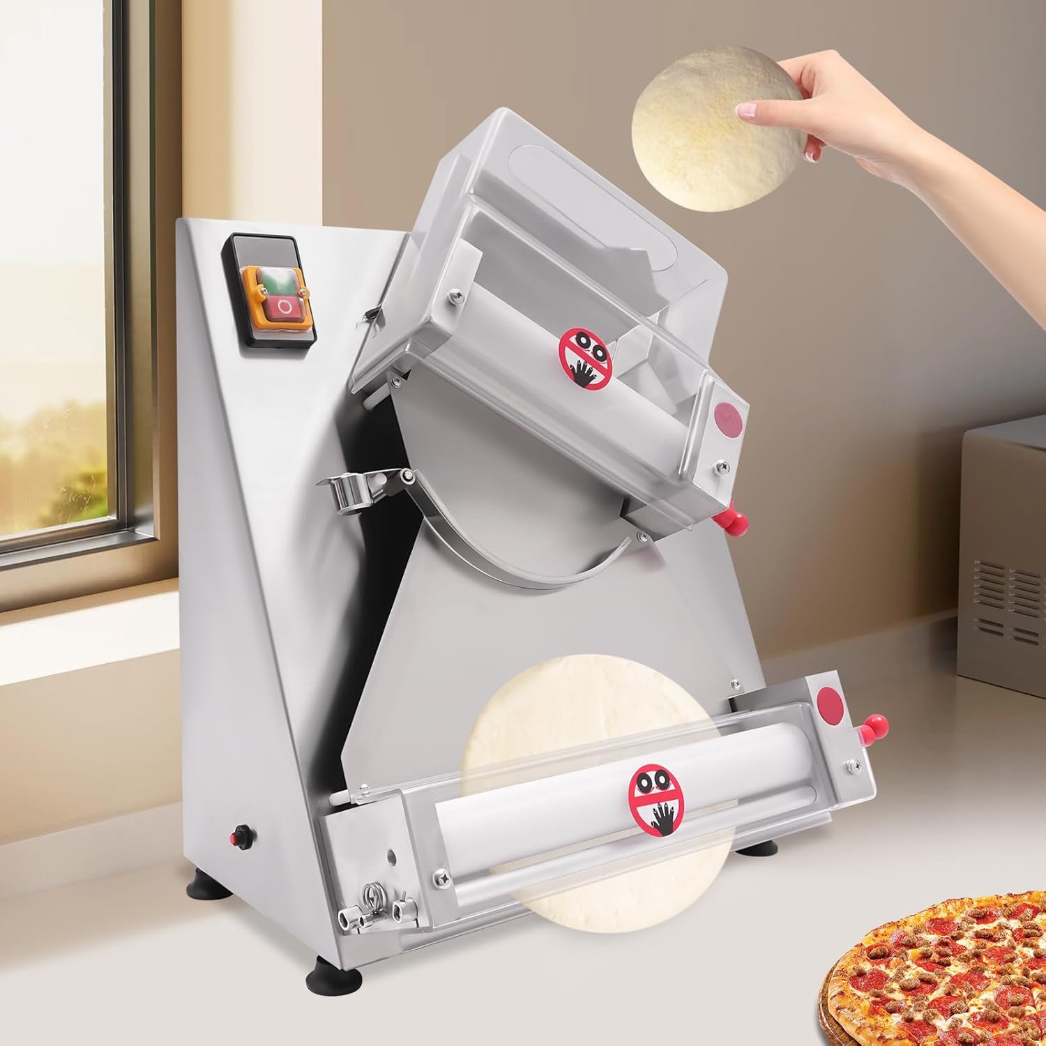 Pizza Dough Roller Sheeter, 370W 4-12" Stainless Steel Automatic Dough Press Machine, Adjustable Thickness for Pizza, Pasta, Bread, Noodle and Pastry Making