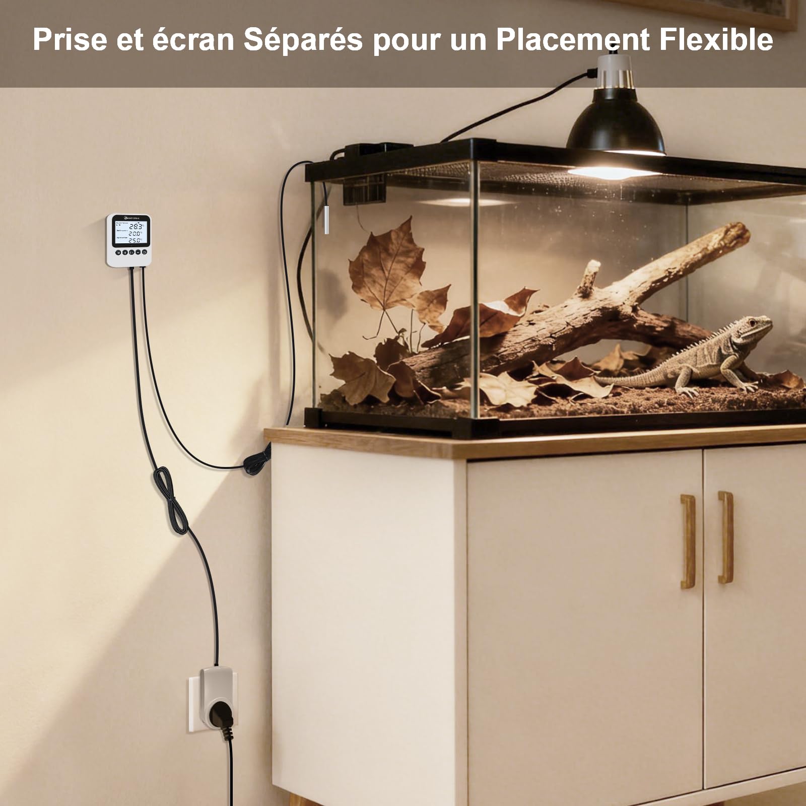 KETOTEK Prise Thermostat Jour/Nuit avec Minuterie, Contrôleur de Température Numérique Chauffage & Refroidissement 220V, Sonde 3M, Design Séparé, 3 Modes pour Reptiles Terrarium, Serre, Incubateur