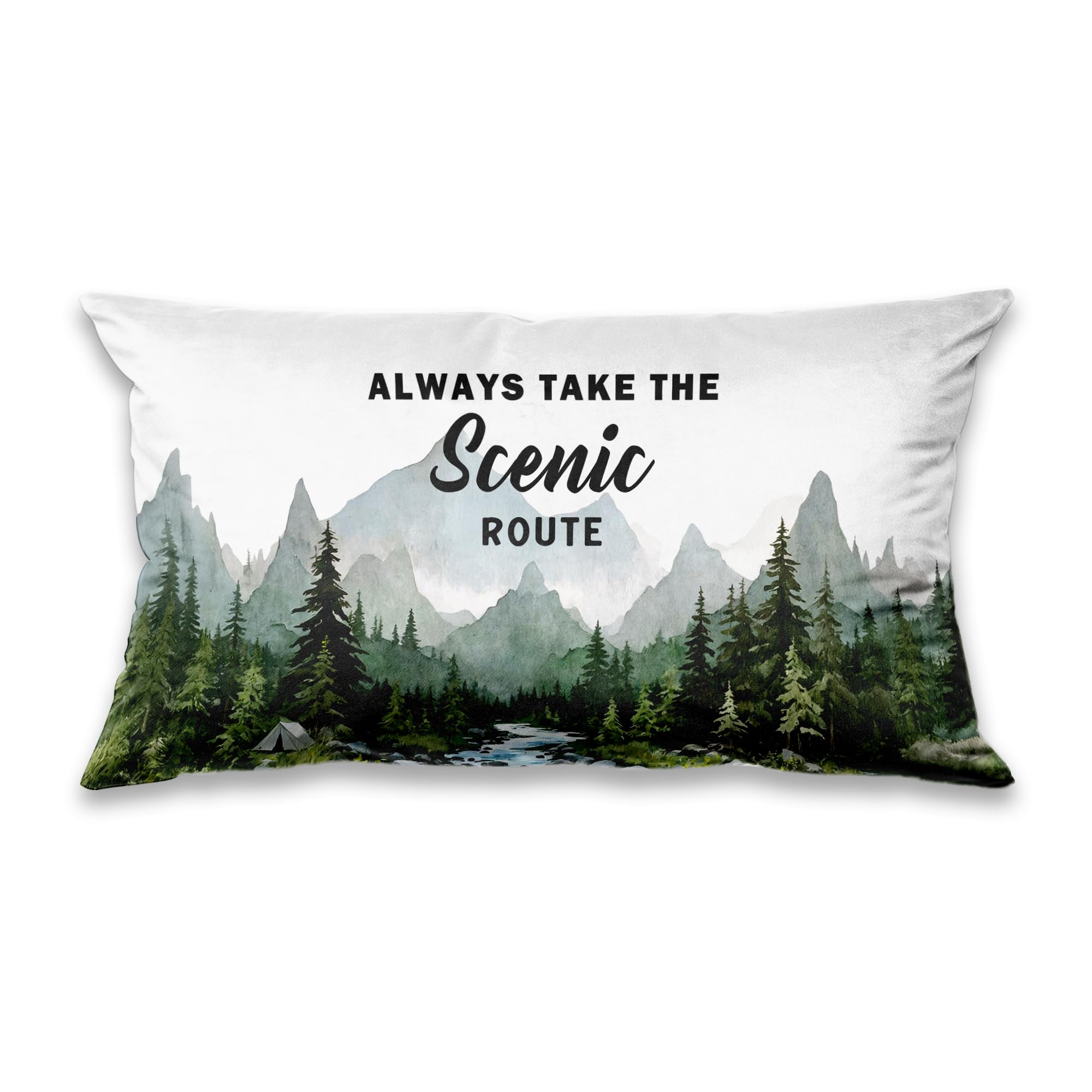 DOFQZ Camping Forest Scenic Mountain Nature Throw Pillow Cover 12x20,Always Take The Scenic Route Forest Green Camping Pillow Cases Decorative for