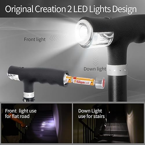 Miniatura 3 de BeneCane Bastón cuádruple con dos luces LED con base grande y mango en T ligero y ajustable, cuatro puntas, resistente para hombres y mujeres (negro