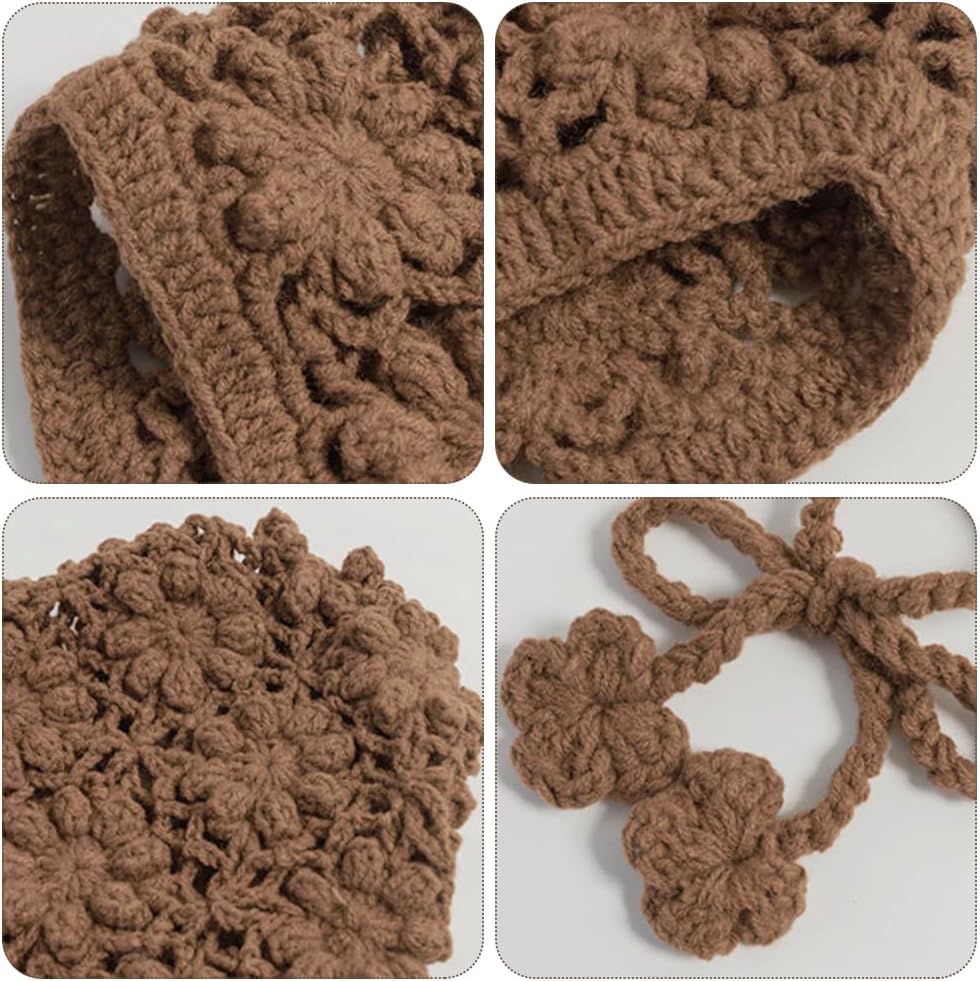 Toddler Girl Beanie Handmade Hollow Crochet Flower Earflap Knit Hats Baby Bonnets with Strap - Image 3