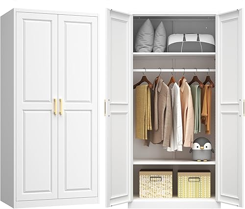 Armario de metal con 2 puertas, armario de 71 pulgadas de alto con puertas, barra para colgar, cajones y estantes ajustables, armarios de