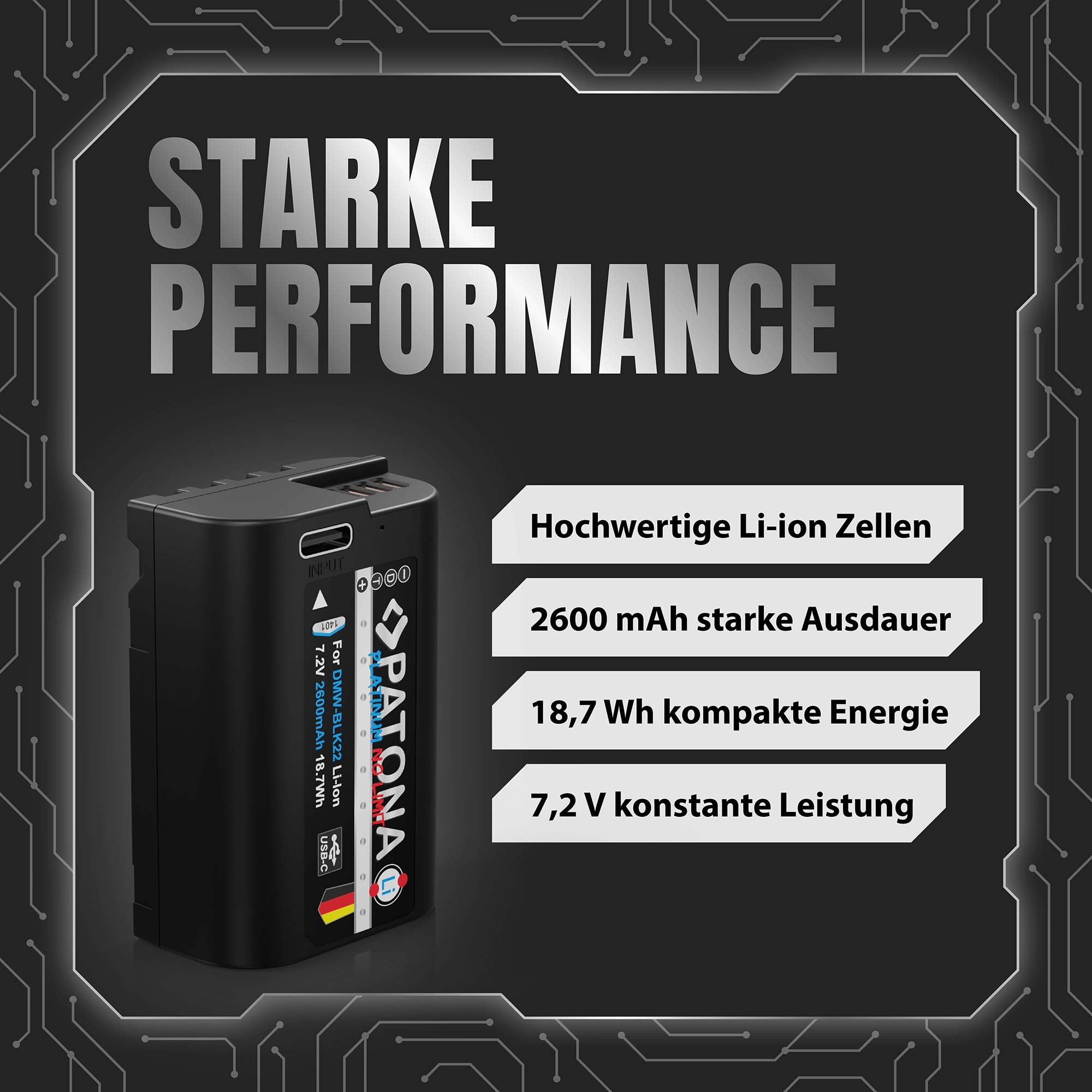 PATONA 2X USB-C Platinum Akku Ersatz für Panasonic DMW-BLK22 BLK22E 2600mAh