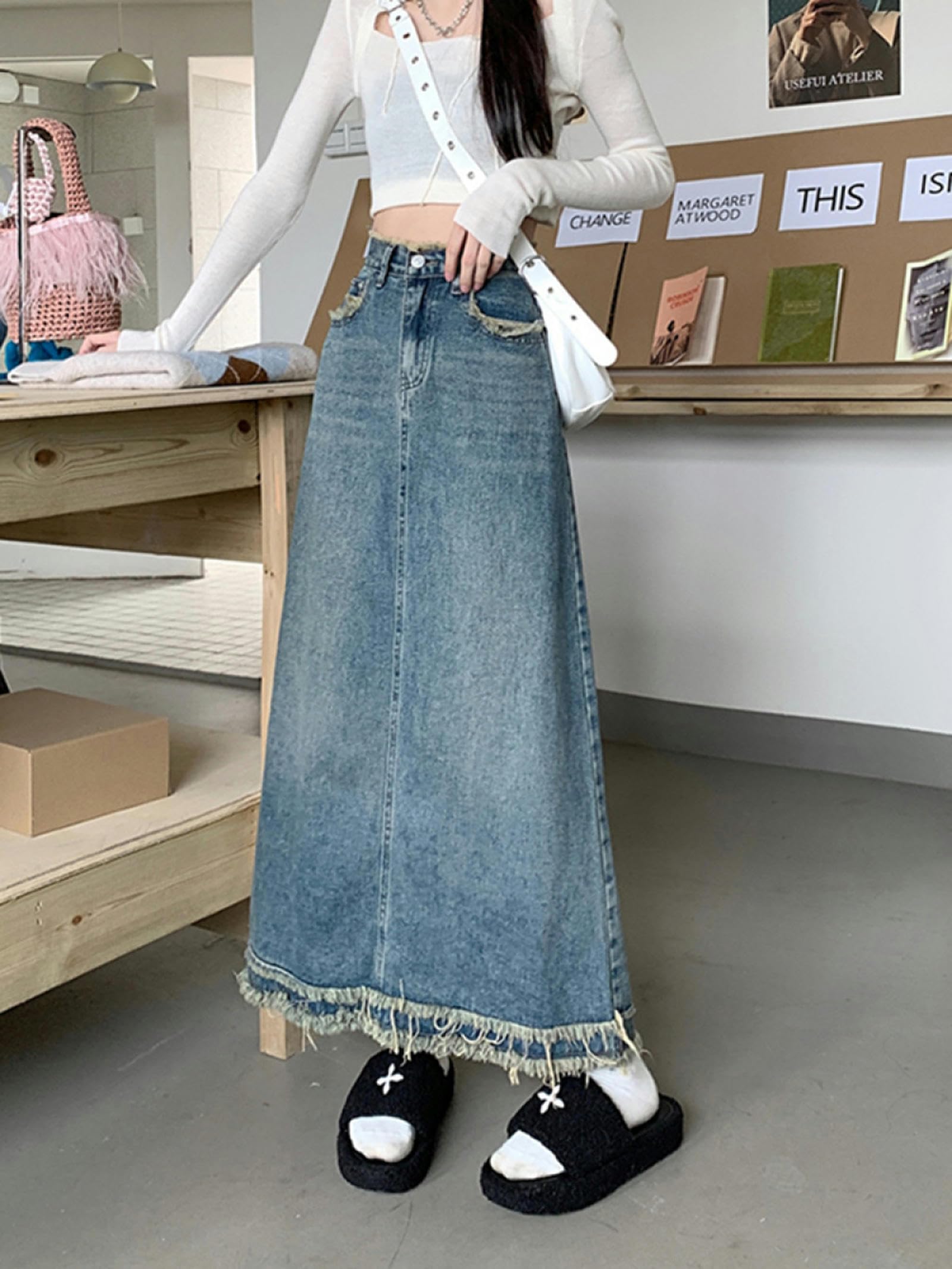 Falda Larga Vintage Azul Mujer Otoño Invierno Cintura Alta Paraguas Borde Crudo Vaquera Y2K