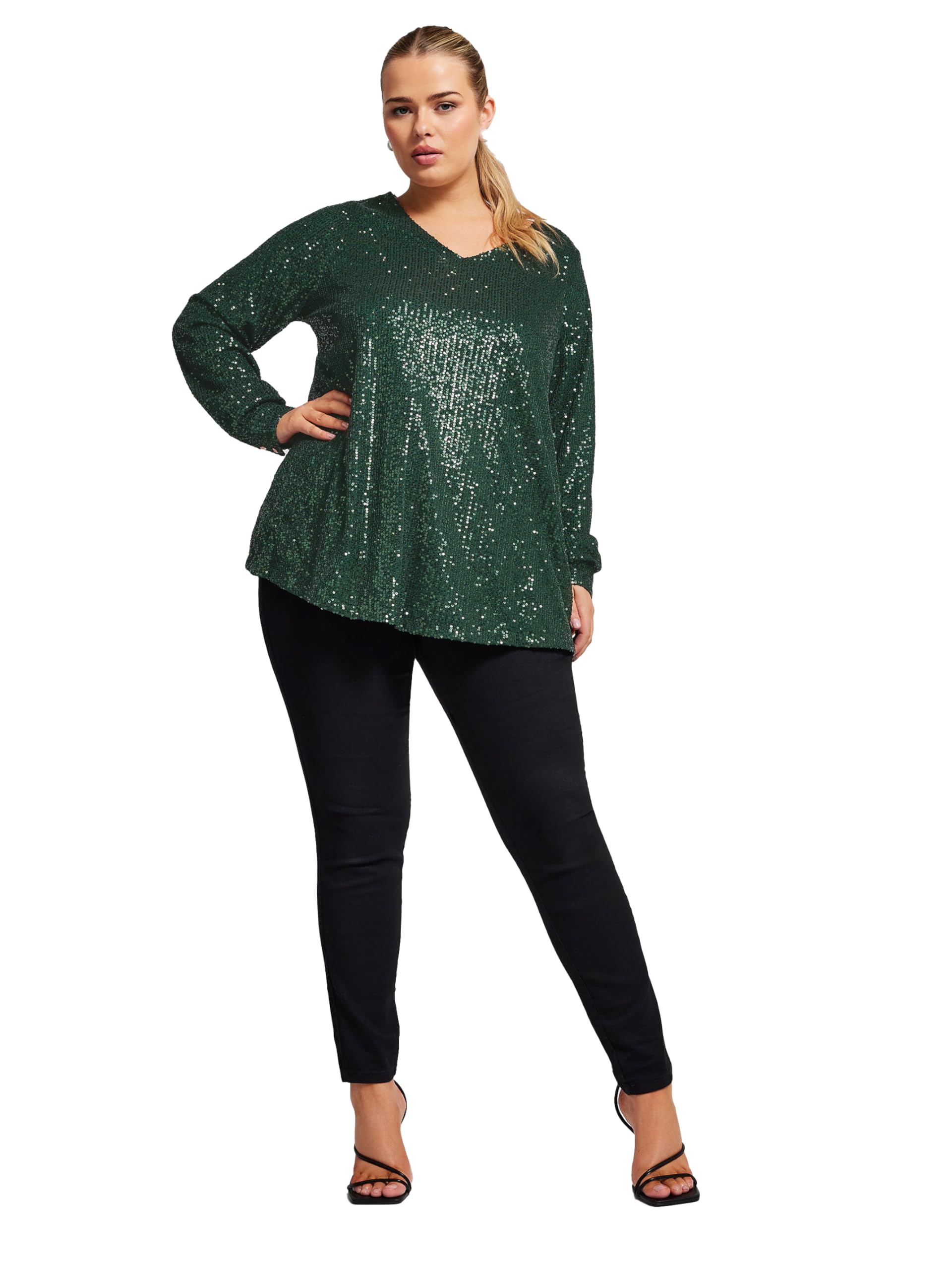 Yours Women's Sequin V-Neck Top in Green | Size: 22-24