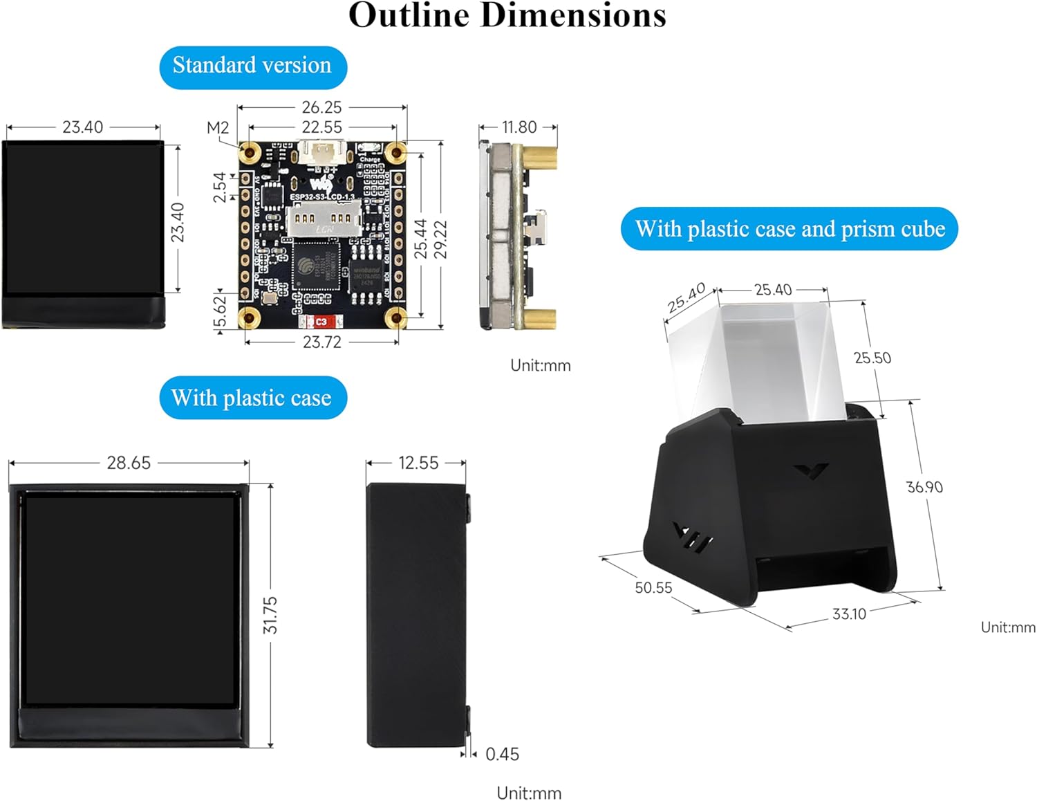 ESP32-S3 1.3inch Display Development Board, ESP32 with Display 240x240 Pixels, Built-in ST7789V2 Chip and 6-Axis IMU, 262K Color, SPI Communication, Supports 90° Hardware Rotation, with Case
