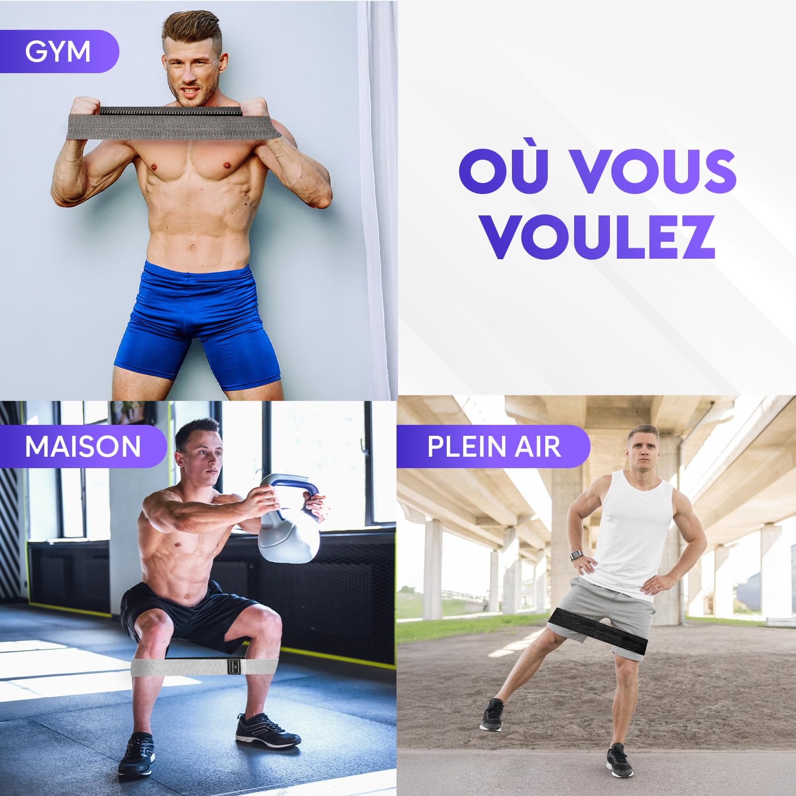 Lot 3 Bandes Élastiques Fitness En Tissu – 3 Niveaux De Résistance, Sac Et Mètre Ruban Inclus, Pour Femmes/Hommes
