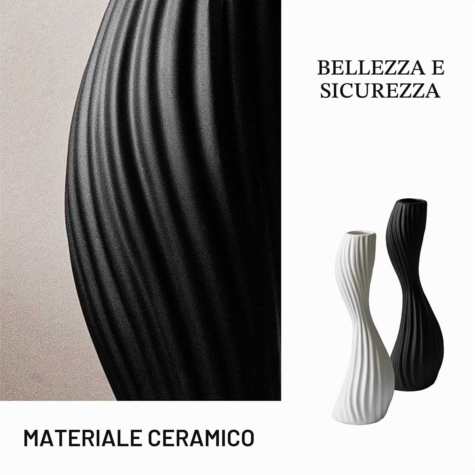 Vaso in Ceramica Alto per Pavimento 40cm Moderno Fiore Vaso Decorazione per il soggiorno tavolo fuoco camino ingresso,Nero