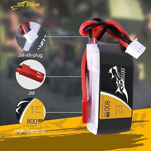 Miniatura 3 de TATTU Paquete de batería LiPo de 800mAh 7.4V 45C 2S1P con enchufe JST-SYP (2 piezas)