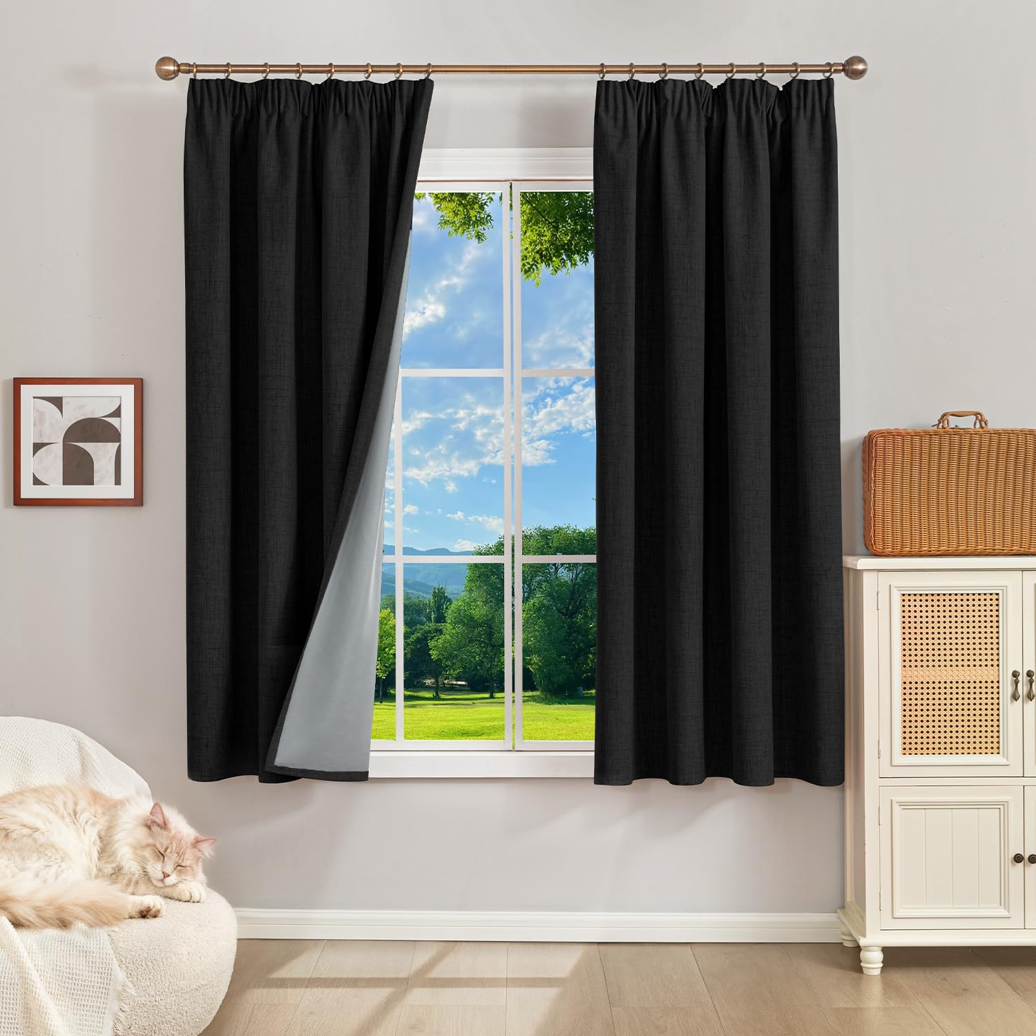 Runyéla 100% Blackout Curtains Pencil Pleat Linen Curtain for Bedroom Living Room Thermal Insulated 46 x 54 Inch Drop 2 Panels Black
