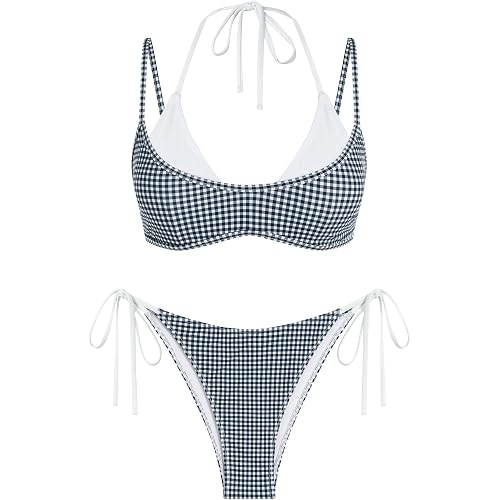ZAFUL Women's Polka Dot Bikini Set Double Layer Halter Swimsuit Colorblock Side Tie 2 Piece Bathing Suit