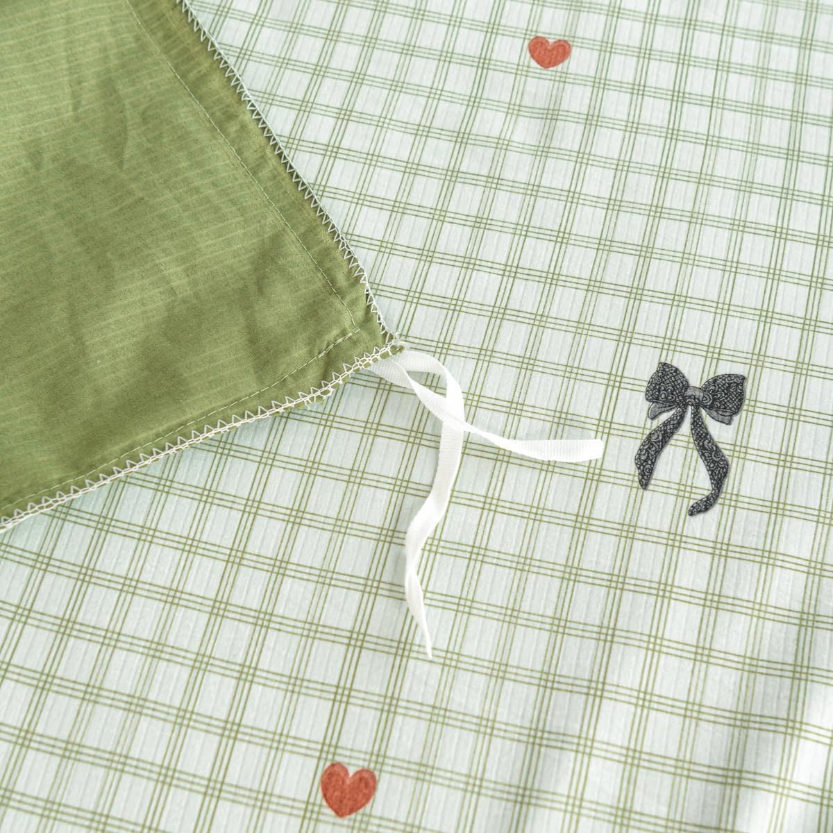 Sage Green Gingham Duvet Cover Queen, Plaid Microfiber Bedding Set with Bow Heart 3Pcs Checkered Duvet Cover with 2 Pillowcases (Queen 90"x90")