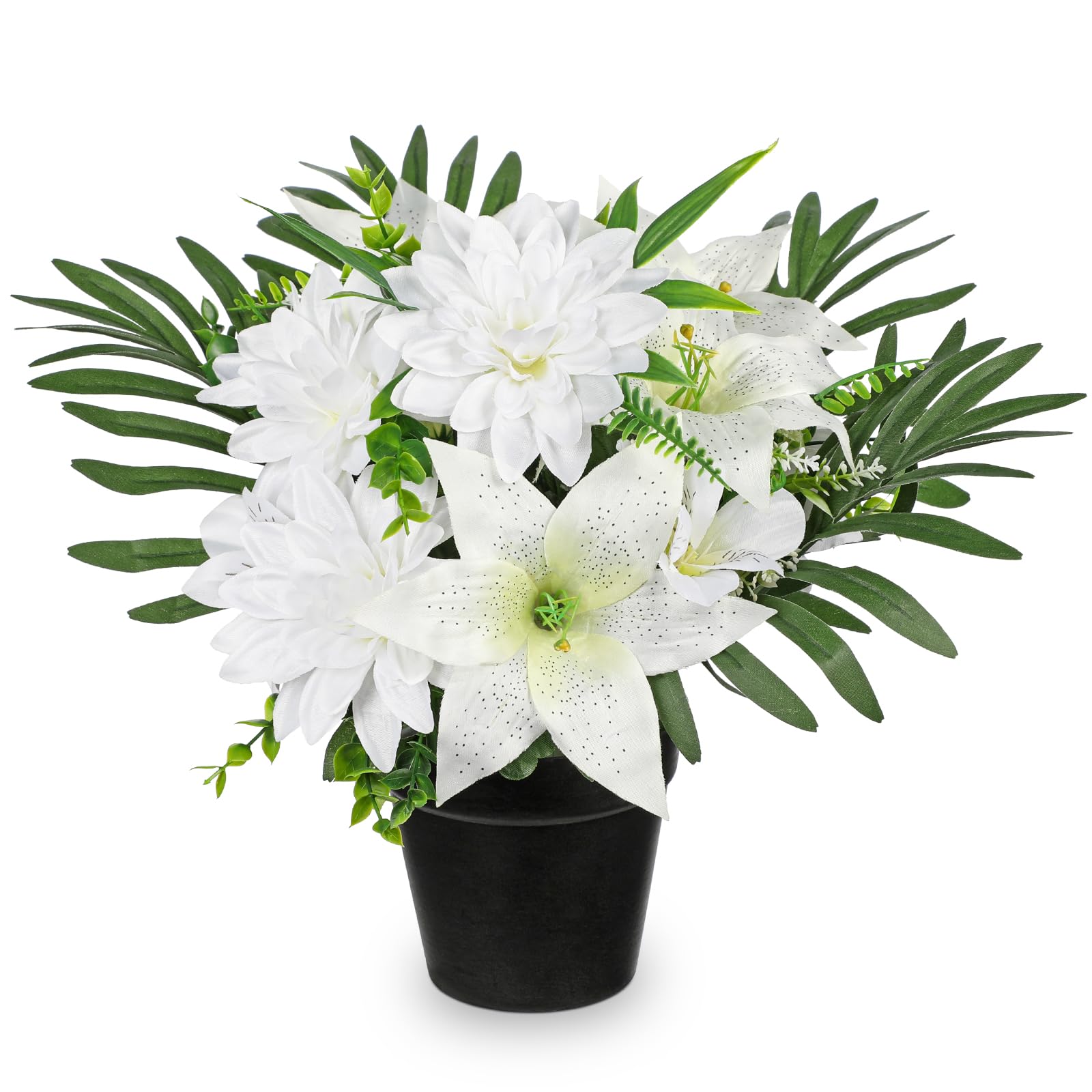 Hollyone Künstliche Friedhof Blumen für Grabschmuck, Kunstblumen im Topf für Grab, Weiße Künstlicher Dahlien und Lilien Deko Blume Grabgesteck Gedenkstätte Seidenblumen