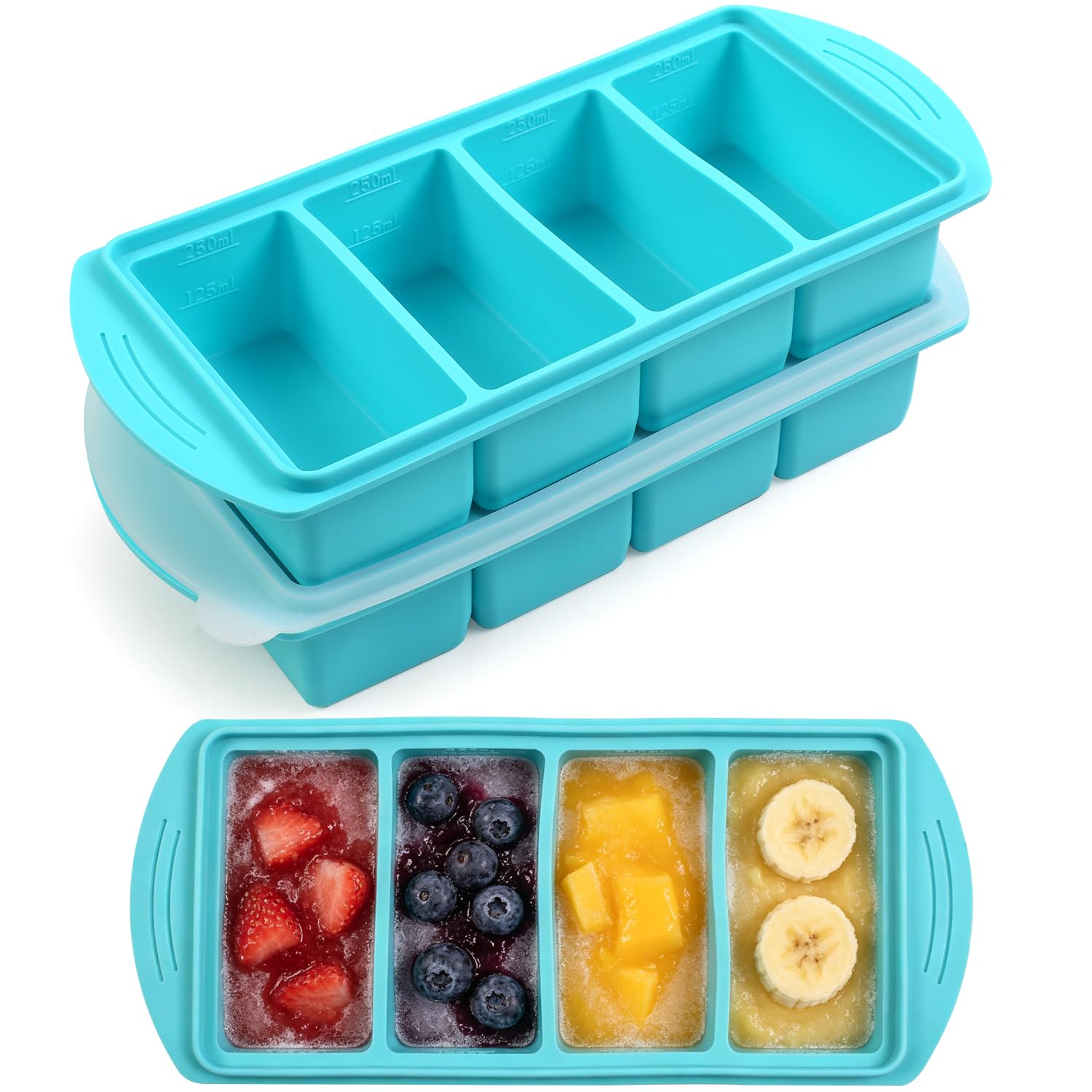 YedZen 2-Pack Silicone Freezer Tray with Lid, 1 Cup/250 ml Silicone Freezer Moulds, Large Ice Cube Tray, Soup Freezer Container, Perfect for Storing Soup, Meal Prep, Sauce, Batch Cooking, Vertical