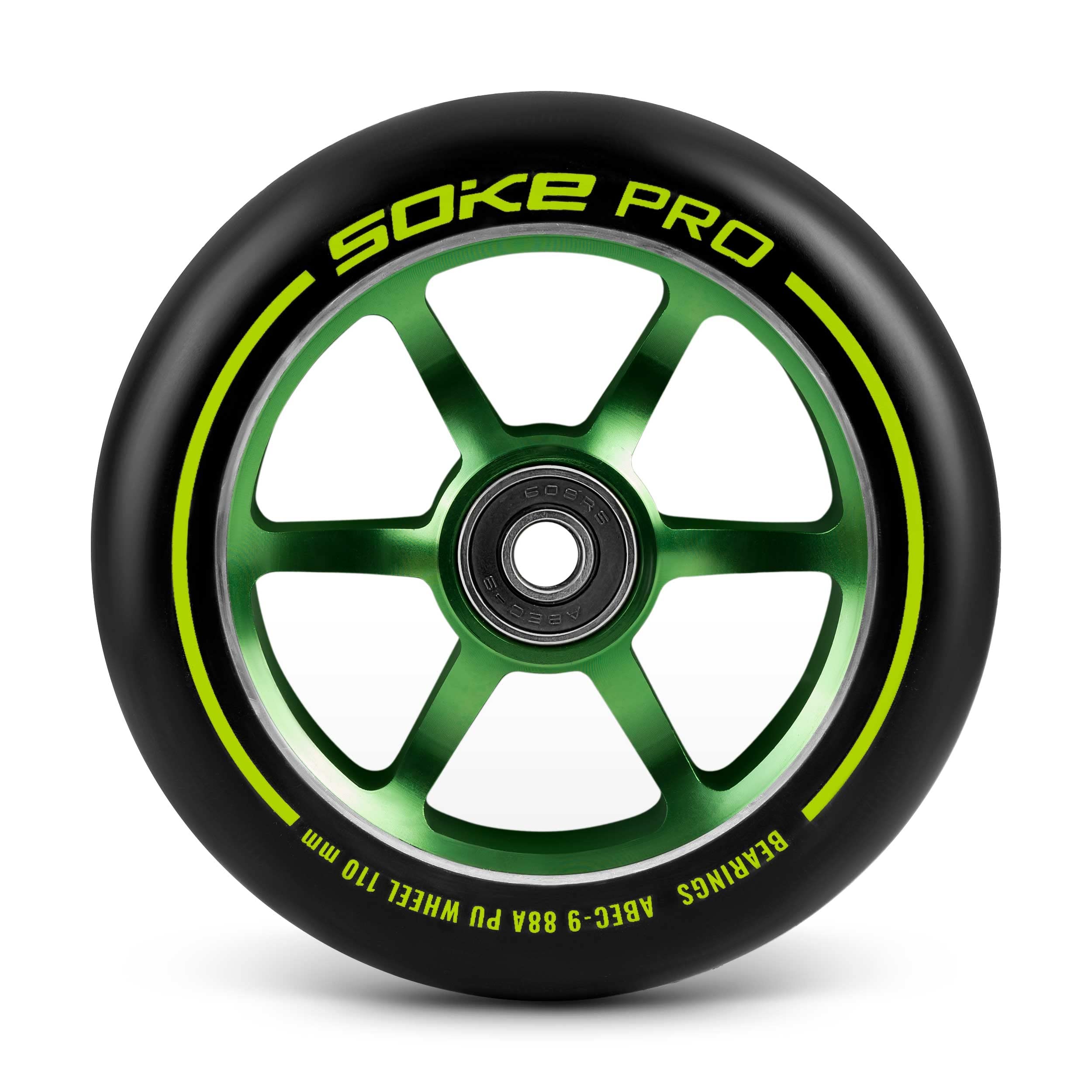 Soke roulettes pour Scooters Set 2 Pièces Diamètre 110 mm Hub 8 mm Roulements ABEC 9 Dureté 88A Aluminium et PU pour Surface Dur Vert