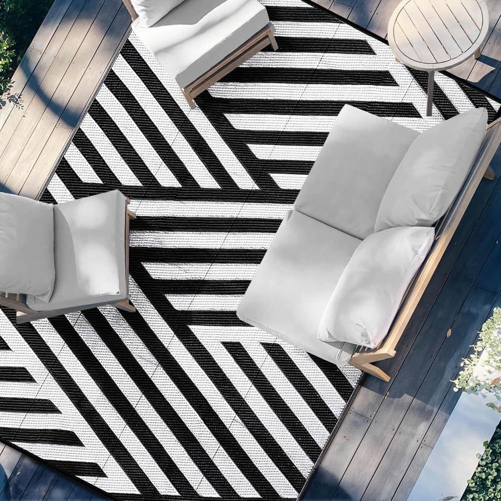 Tapis de Jardin Rayés Noir et Blanc 150x240cm Tapis Exterieur Terrasse Pliable,Tapis Tressé en Paille en Plastique Recyclé,Tapis Extérieur Réversible pour Balcon,Camping,Patio,Plage,Pique-Nique