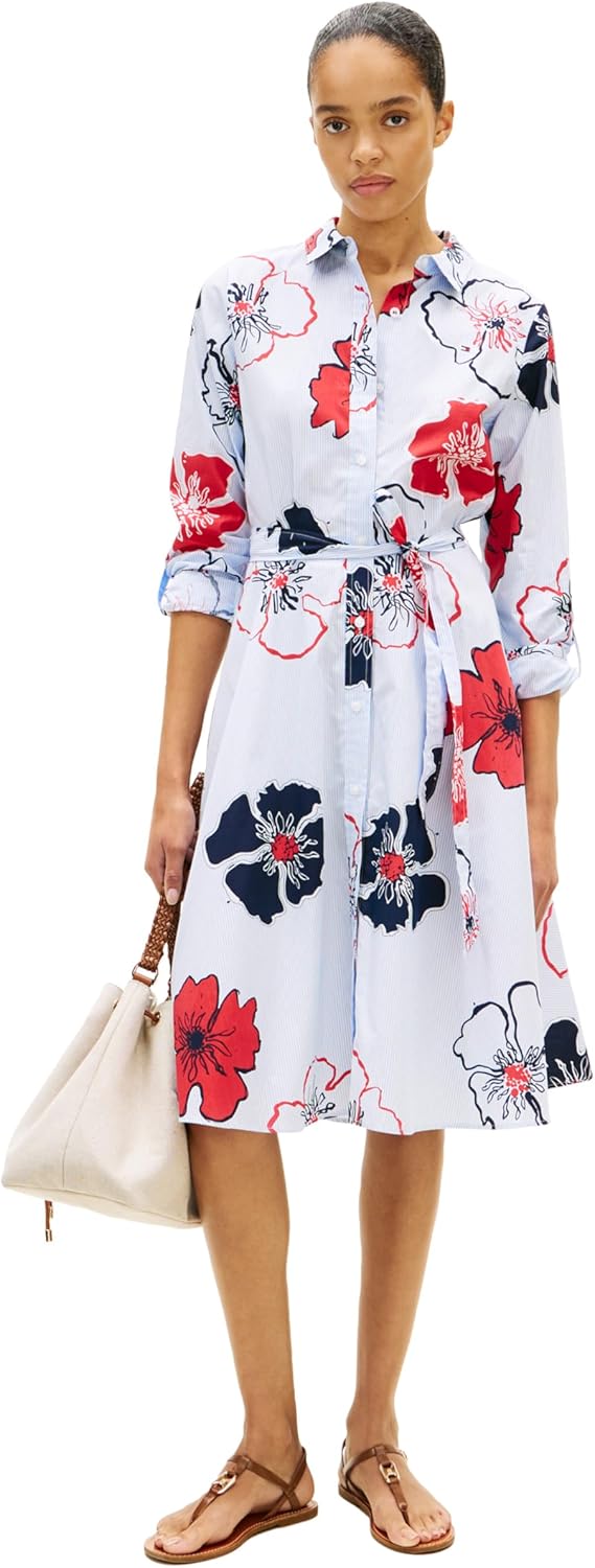 Tommy Hilfiger Women's Long Sleeve Floral Cotton Shirt Dress Business Casual Dress