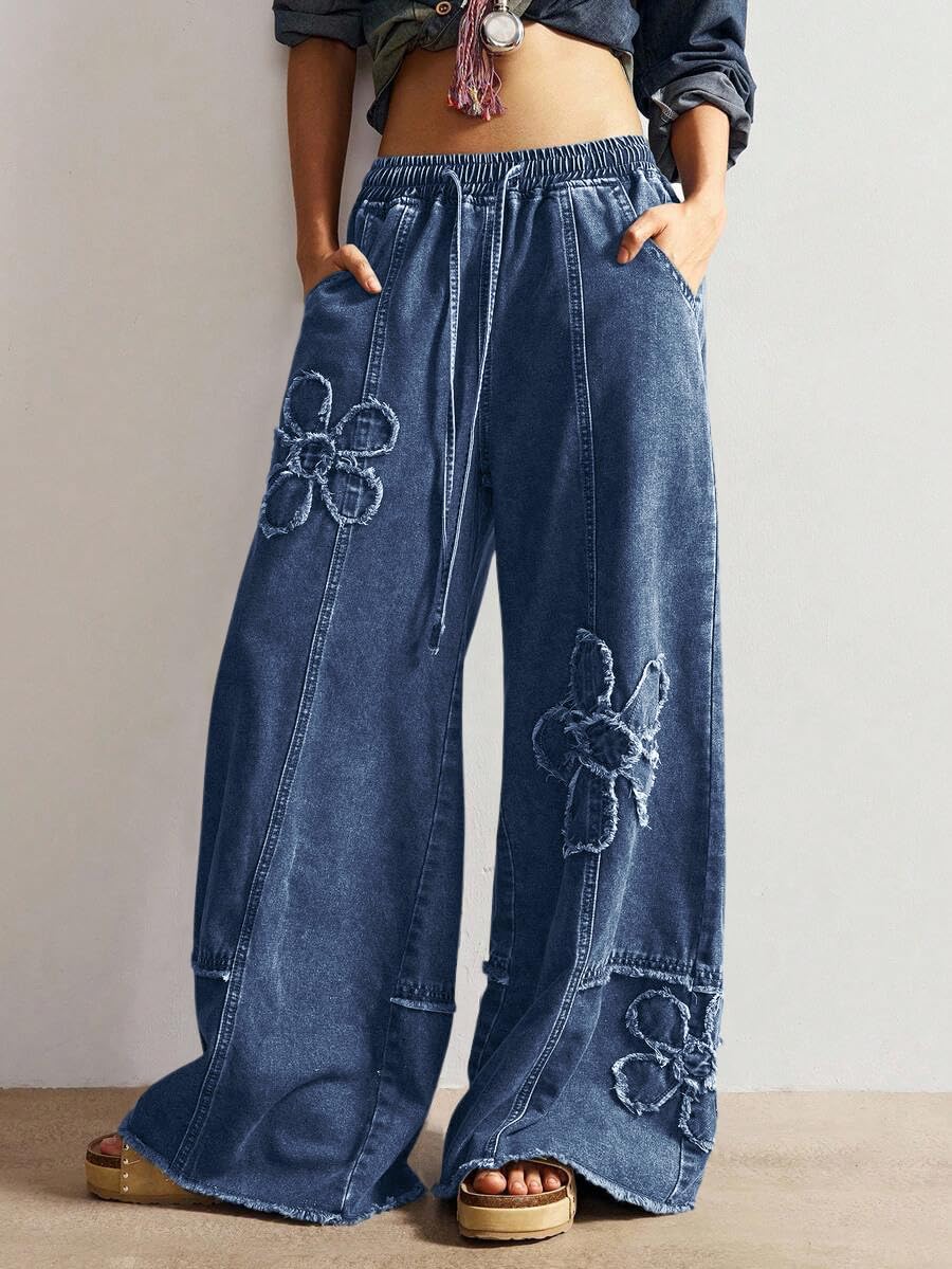 chouyatou Women's Boho Floral Wide Leg Jeans Y2k Distressed Fringe Baggy Jeans Denim Culotte Palazzo Pants Trousers