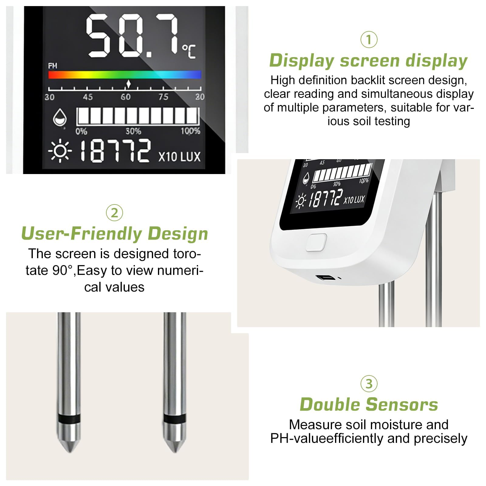 PH Terra, Misuratore di umidità 6 in 1, per piante digitali, misuratore di umidità per terreno con valore PH temperatura umidità luce fertilità per giardino, prato, agricoltura
