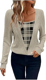 Womens Patchwork Shirt Plaid Square Neck Long Sleeve Tops Tunic Color Block Fashion Lightweight Fall Pullover Blouse