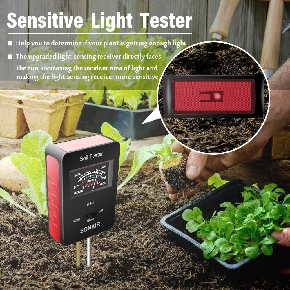 SONKIR Soil pH Meter, MS-X1 Upgraded 3-in-1 Soil Moisture/Light/pH Tester Gardening Tool Kits for Plant Care, Great for Garden, Lawn, Farm (Black)