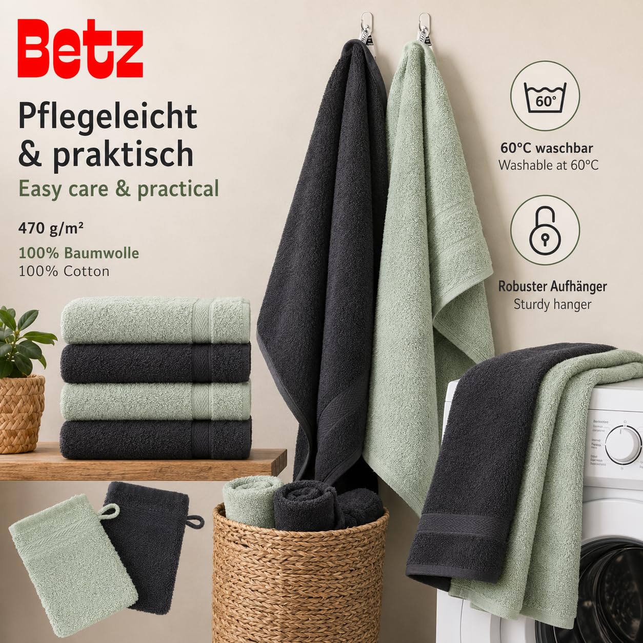 Betz Lot de 12 Serviettes Premium 2 draps de Bain 4 Serviettes de Toilette 2 Serviettes d'invité 2 lavettes 2 Gants de Toilette 100% Coton Couleur Graphite & Vert Foin