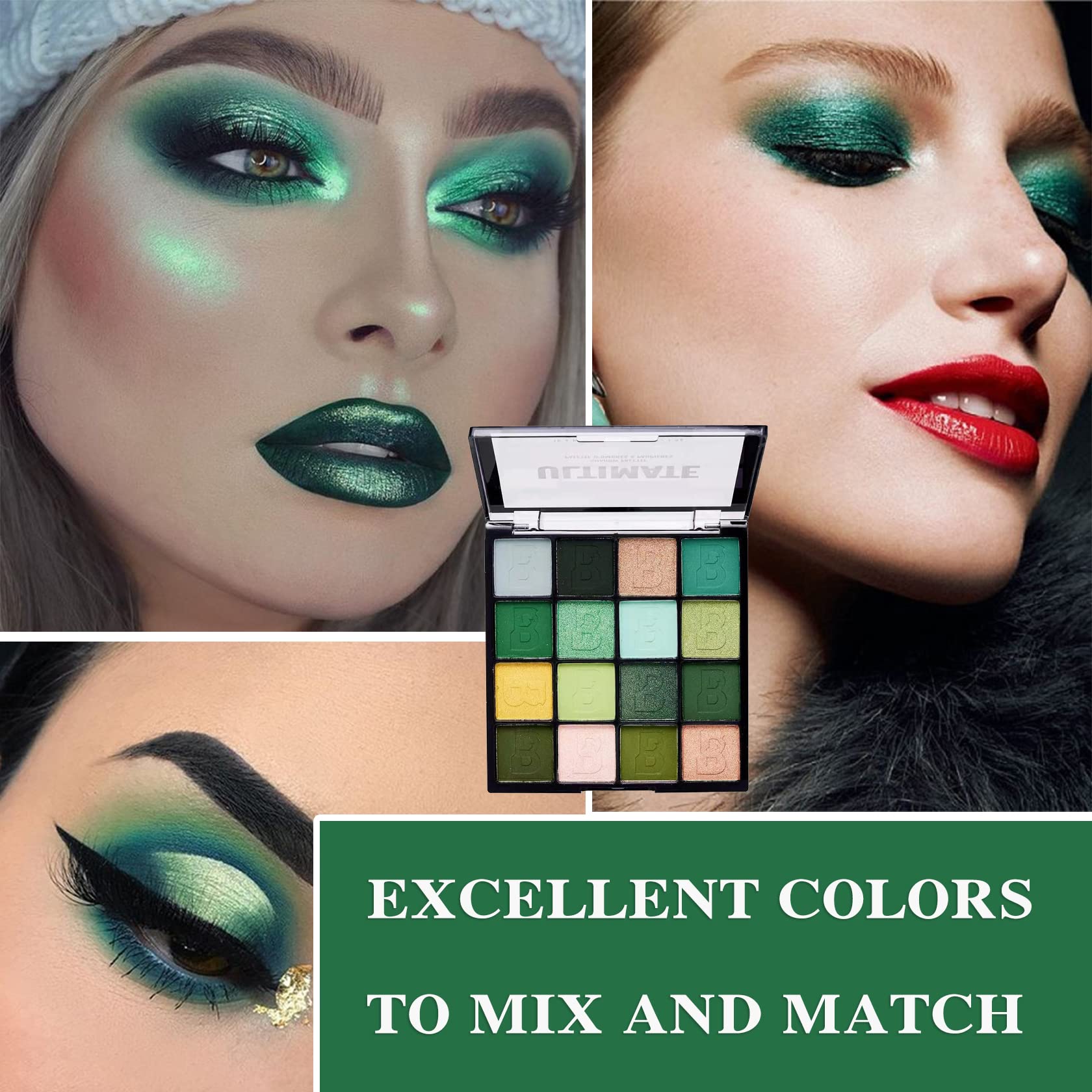 Paleta de sombras de ojos verdes, paleta de sombras de ojos mate brillante de 16 colores, altamente pigmentada, larga duración, impermeable, paleta de maquillaje de sombra de ojos, paleta de 5