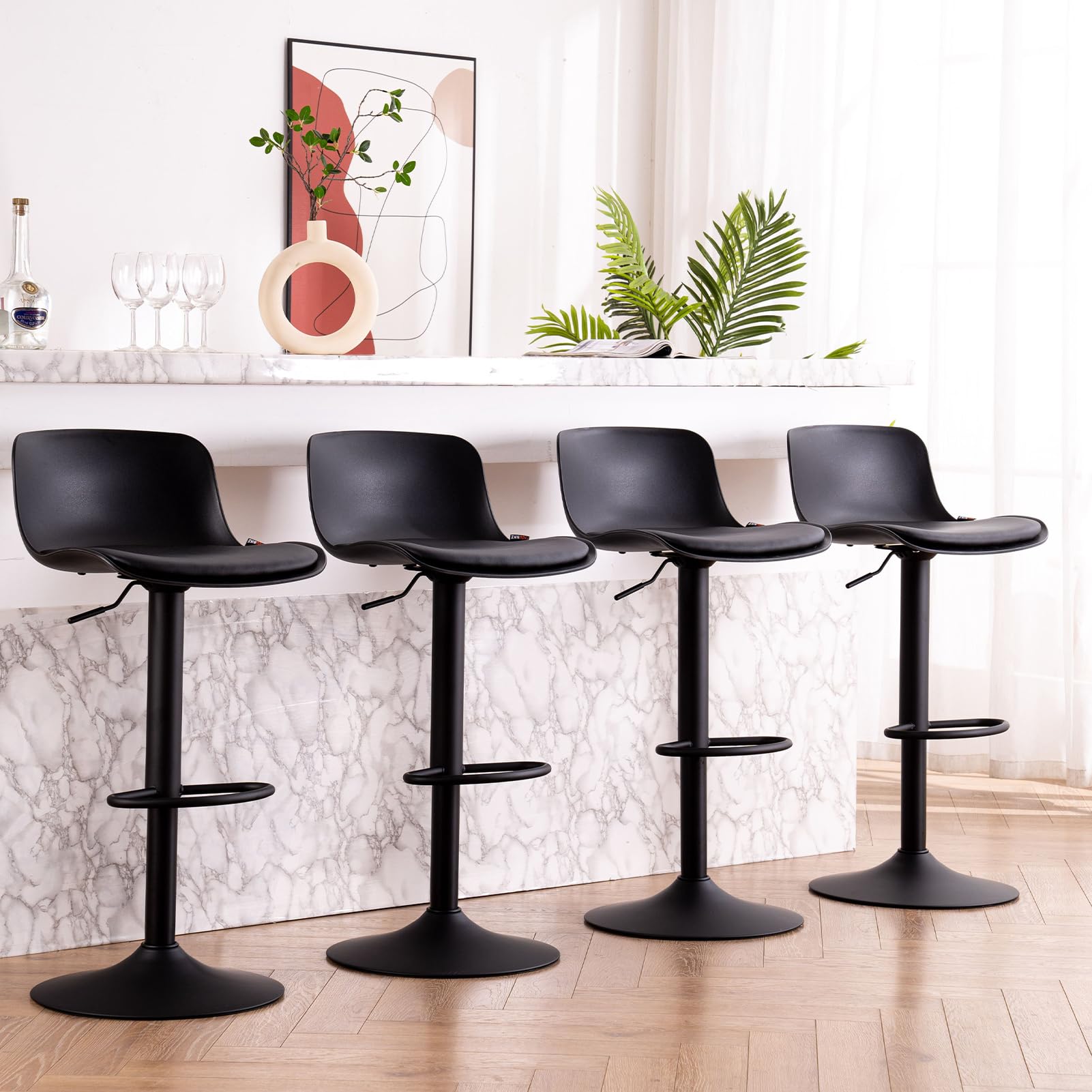 Kidol & Shellder Tabourets de Bar Chaises de Salle à Manger Lot de 2 Noir, Coussin d'assise à Dossier Pivotant Réglable en Hauteur, Chaises de Bar en Métal Plastique Cuir PU, Maison Cuisine Bistro