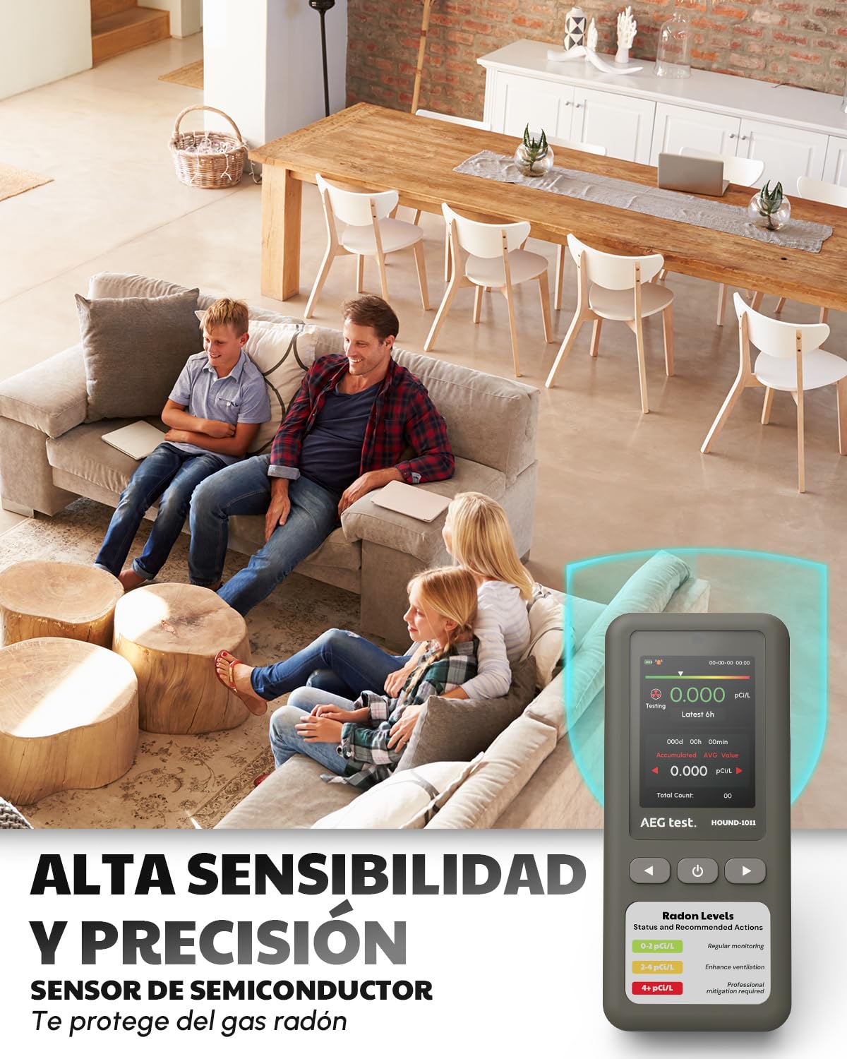 HOUND-1011 Detector de radón portátil para hogar, Ligero, Sensor de Alta precisión, 45 días, fácil de Usar, para mediciones a Corto y Largo Plazo en pCi/L o Bq/m³, para sótano – Gris