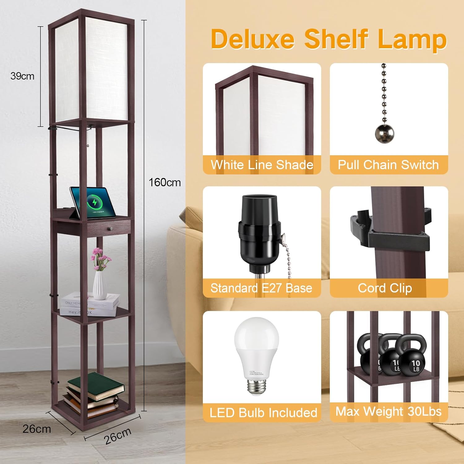 Diagram illustrating the dimensions and key features of the Deluxe Shelf Lamp, including shade, pull chain, E27 base, cord clip, LED bulb, and max weight capacity.