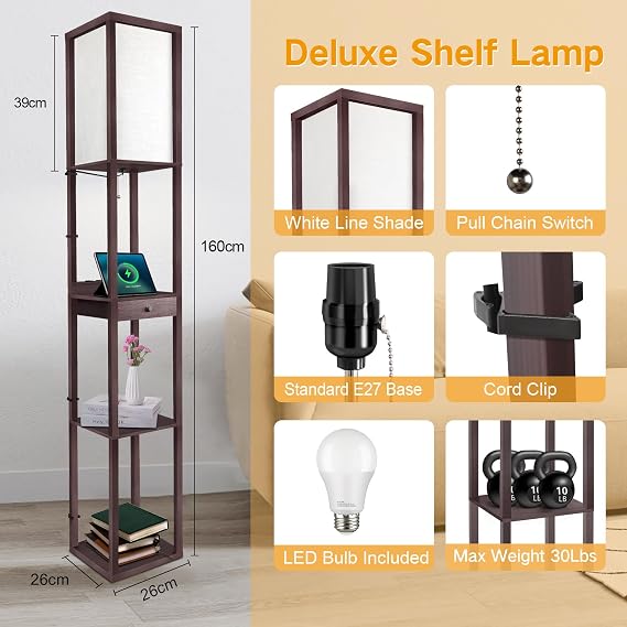 OUTON Deluxe Shelf Floor Lamp with 1 Drawer, 2 USB-C Ports, 2 AC Outlets, LED Modern Floor Lamp with 3 Color Temperature, Storage Display Wood Standing Lamp for Living Room, Bedroom, Office (Walnut)