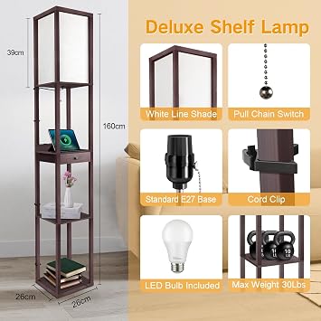 OUTON Deluxe Shelf Floor Lamp with 1 Drawer, 2 USB-C Ports, 2 AC Outlets, LED Modern Floor Lamp with 3 Color Temperature, Storage Display Wood Standing Lamp for Living Room, Bedroom, Office (Walnut)