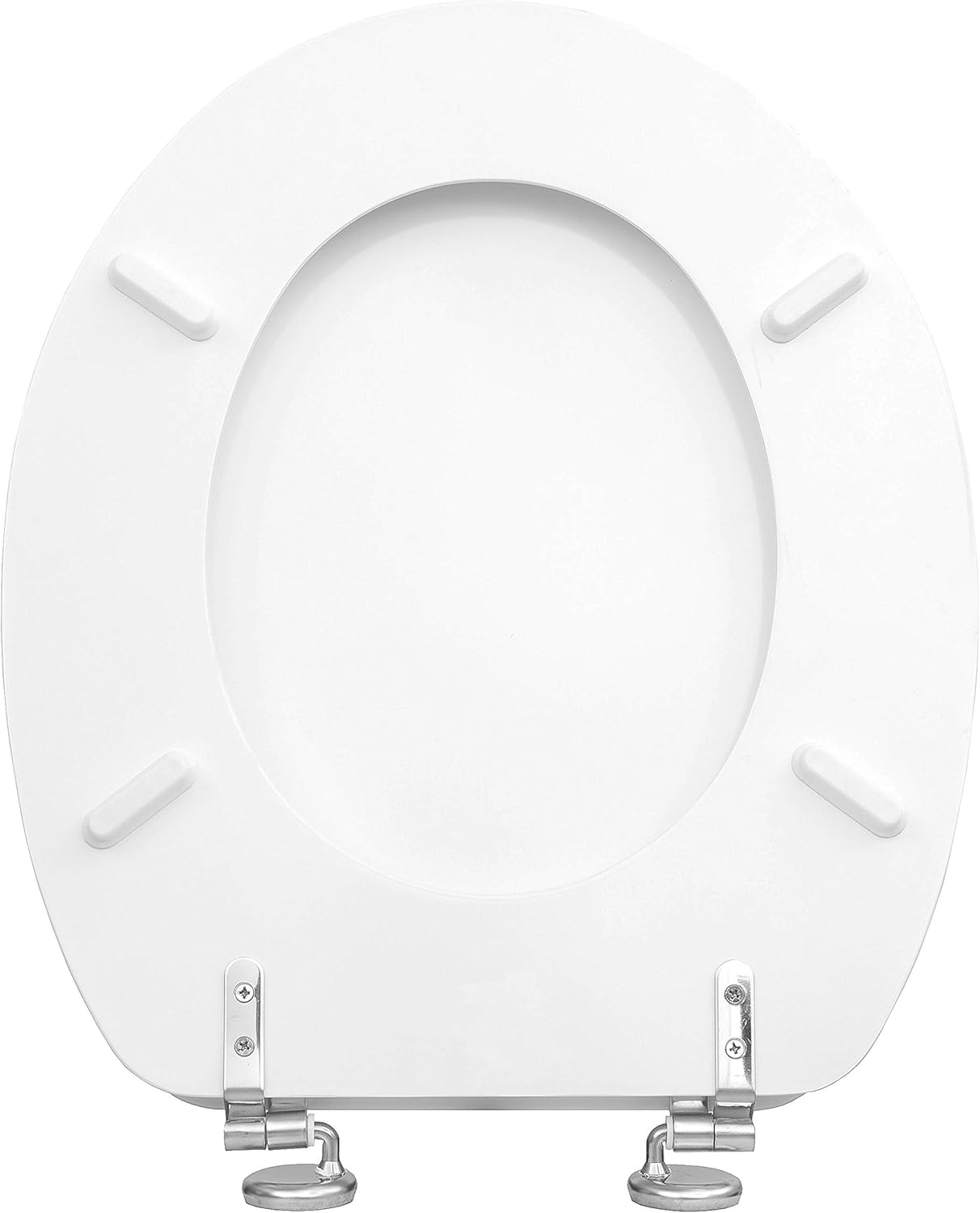 Underside of Cornat KSC00 toilet seat showing hinge attachment points and buffers.