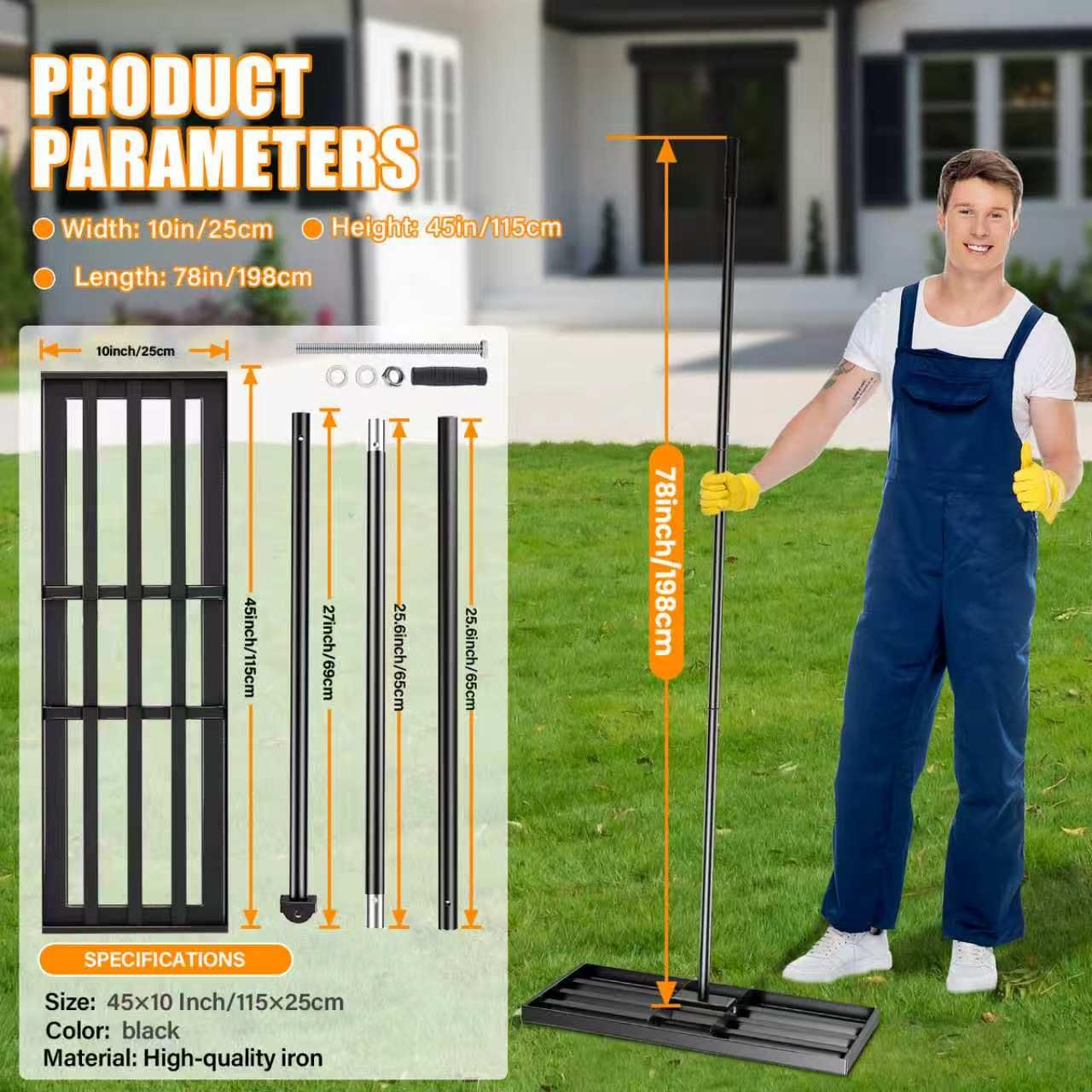 Rastrillo nivelador para césped 115 x 25 cm, rastrillo nivelador para césped de acero inoxidable, equipado con un mango extra largo de 198 cm para jardín, campo de golf, granjas