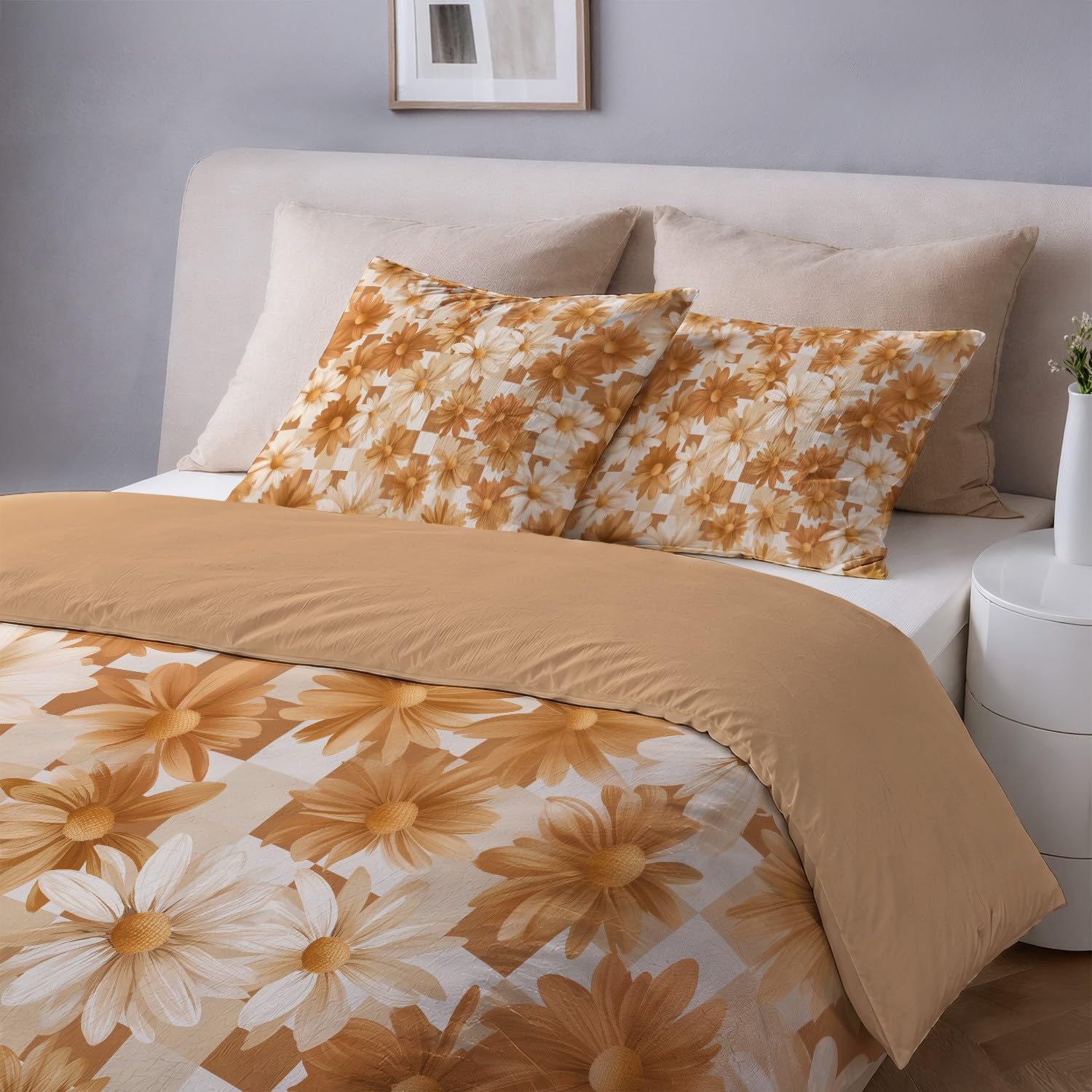 Generic Zestaw pościeli King 229 cm x 221 cm nowoczesny minimalistyczny kwiatowy wzór w kratkę poszewka na kołdrę ultramiękka mikrofibra oddychająca poszewka na kołdrę z zapięciem na zamek