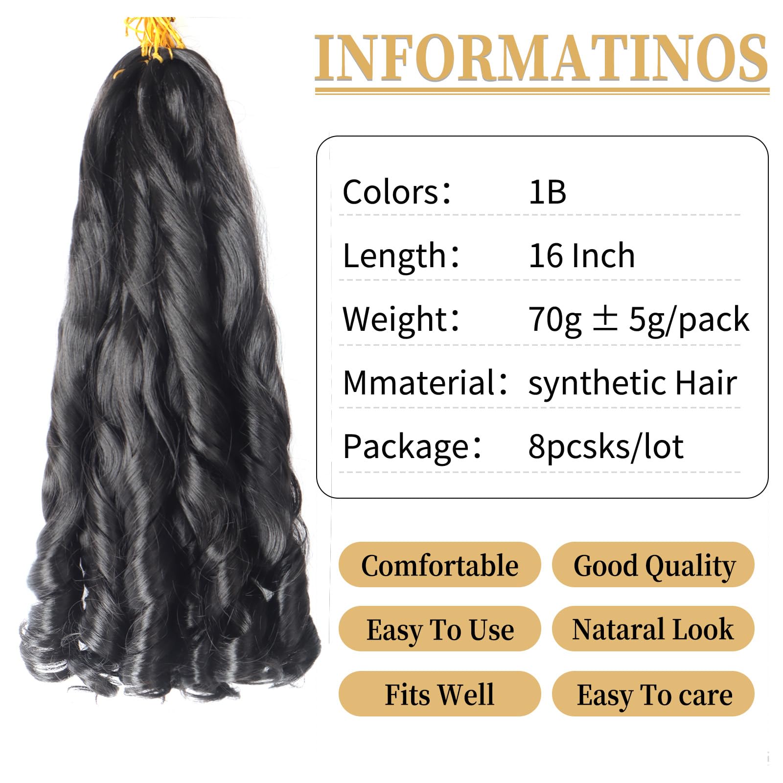 8 Packs French Curly Braiding Hair 16 Inch Loose Wave Spiral Crochet Hair for Black Women Pre-Stretched With Curly Ends (16 Inch, 1b#) - Image 2