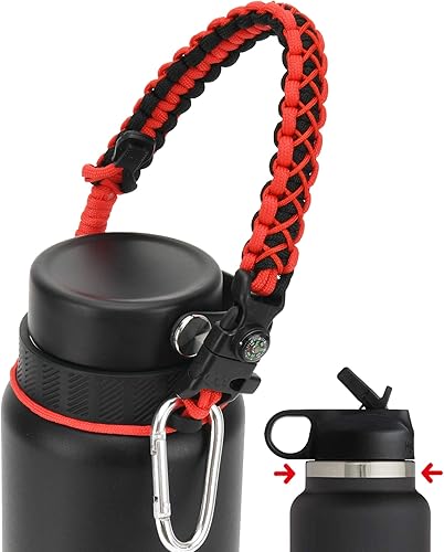 Asa de cuerda de paracaídas para botella Hydro Flask 2.0 de boca ancha estándar con anillo y mosquetón (12, 16, 18, 20, 32, 40 y 64 onzas)