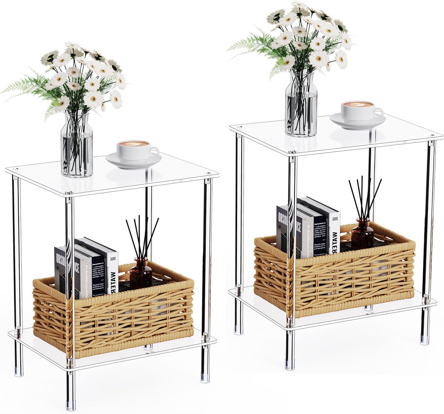 Clear Acrylic Side Table Set of 2, 2-Tier End Table for Living Room, Small Modern Bedside Tables Nightstand for Bedroom, Home Decor Accent Table, 15.7" L x 11.8" W x 19.82" H