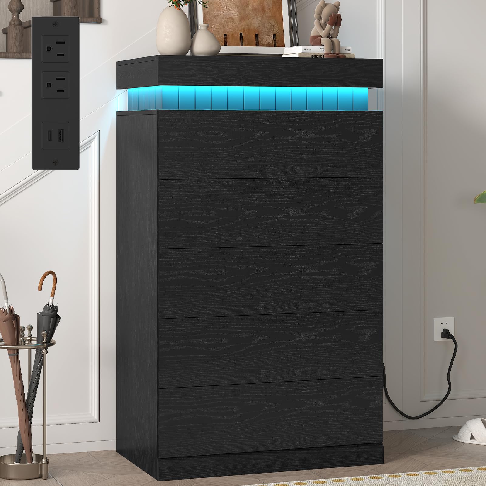 UPOSOJA 5-Drawer Tall Black Dresser with LED Light and Power Outlet