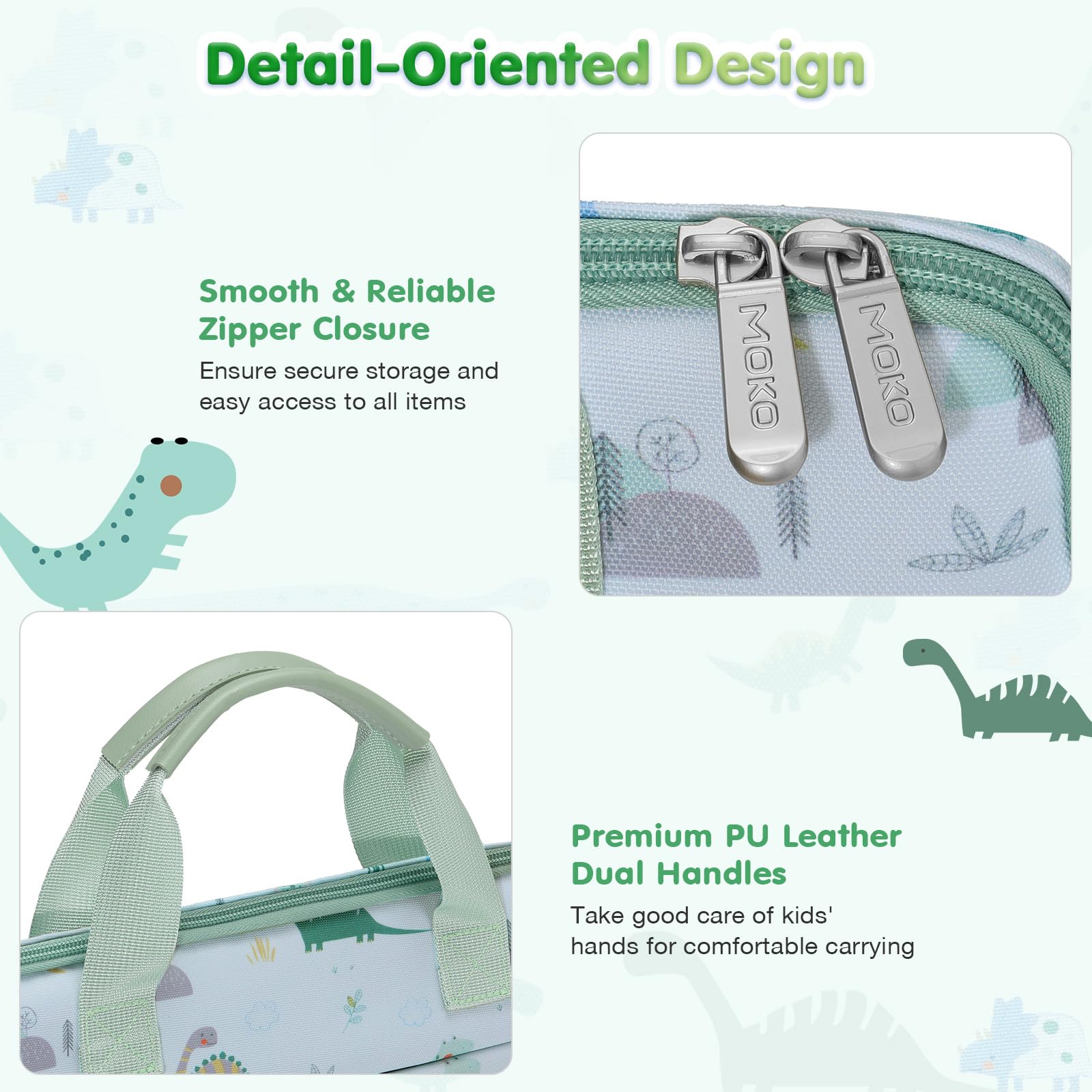 MoKo 10-12.5 Inch Kids Tablet Sleeve Carrying Case for Fire HD 10 13th/11th Gen, Fire HD 8/7 Kids 2022, Tablet Bag with Shoulder Strap for 10/10.1 Inch Android 12/13, Green Dinosaur