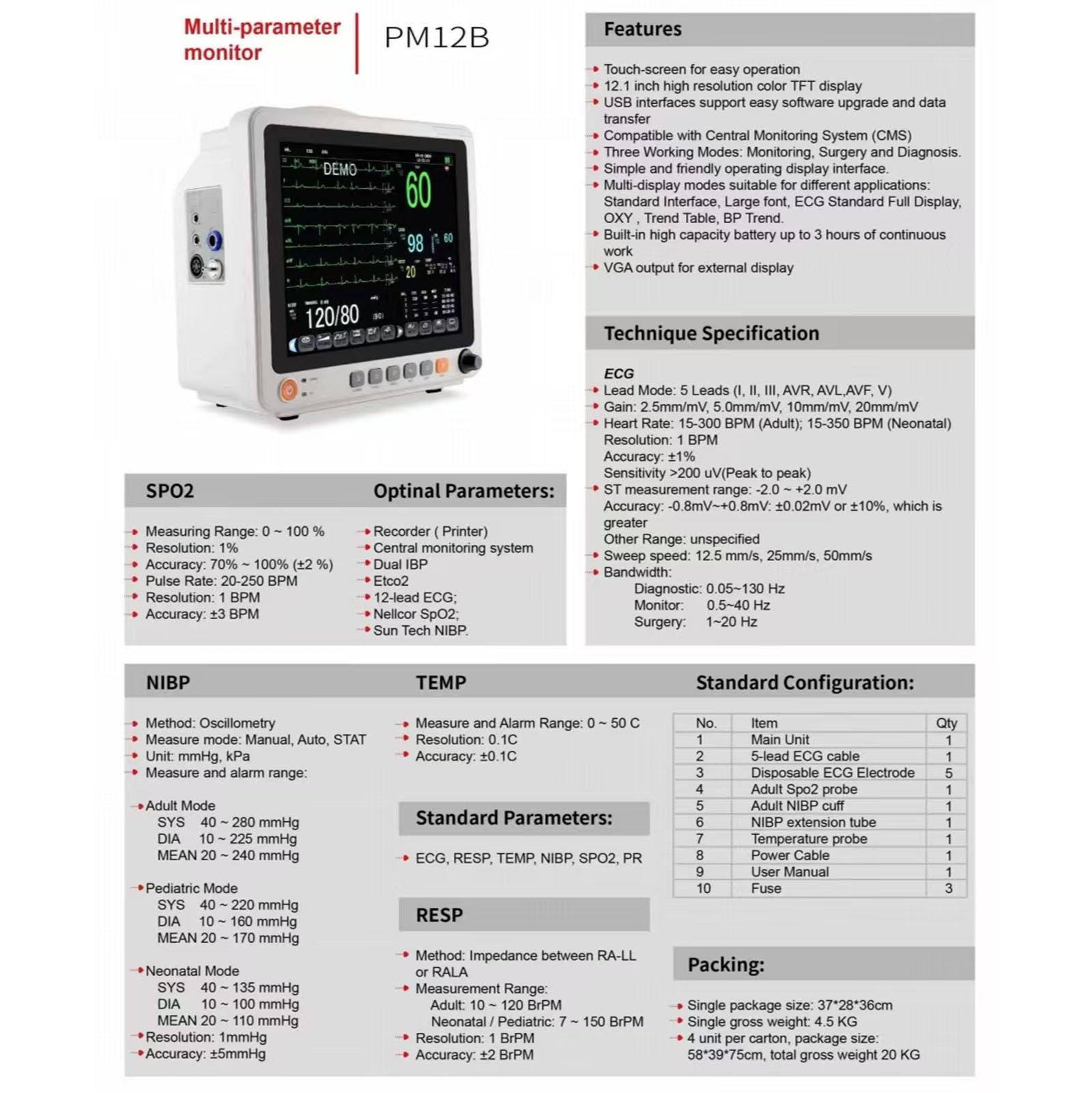 Wieloparametrowy Monitor Pacjenta, Elektrokardiograf, Monitor Ekg Z 12-Calowym Ekranem Dotykowym, 3 Tryby Pracy,Ekg, Parametry życiowe, Oddychanie, Tlen We Krwi, Monitorowanie Ciśnienia Krwi