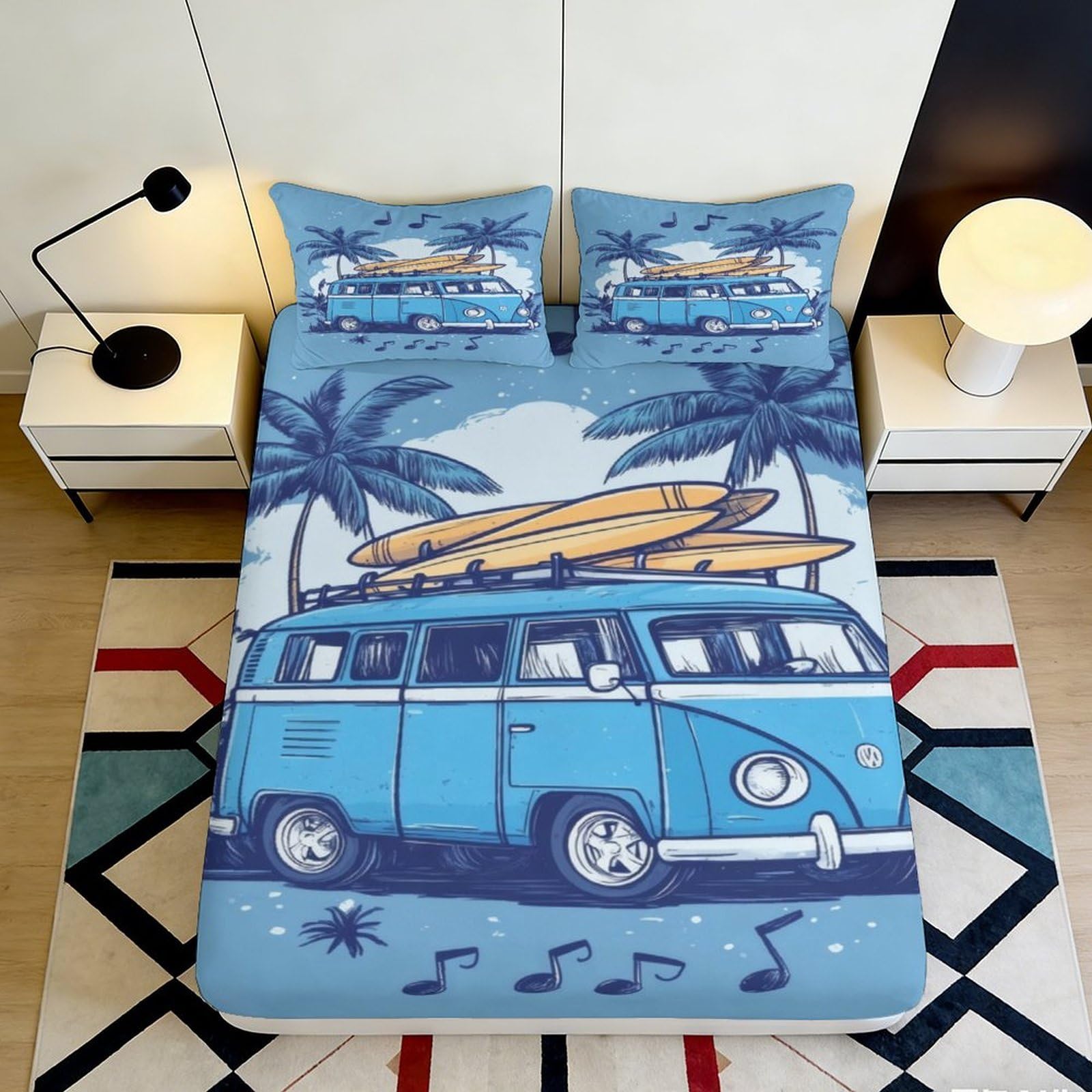 3D Printed Blue Camper Van Fitted Sheet Microfiber Soft Breathable Palm Tree Mattress Cover for Bedroom Dorm Decor 90x200x25cm